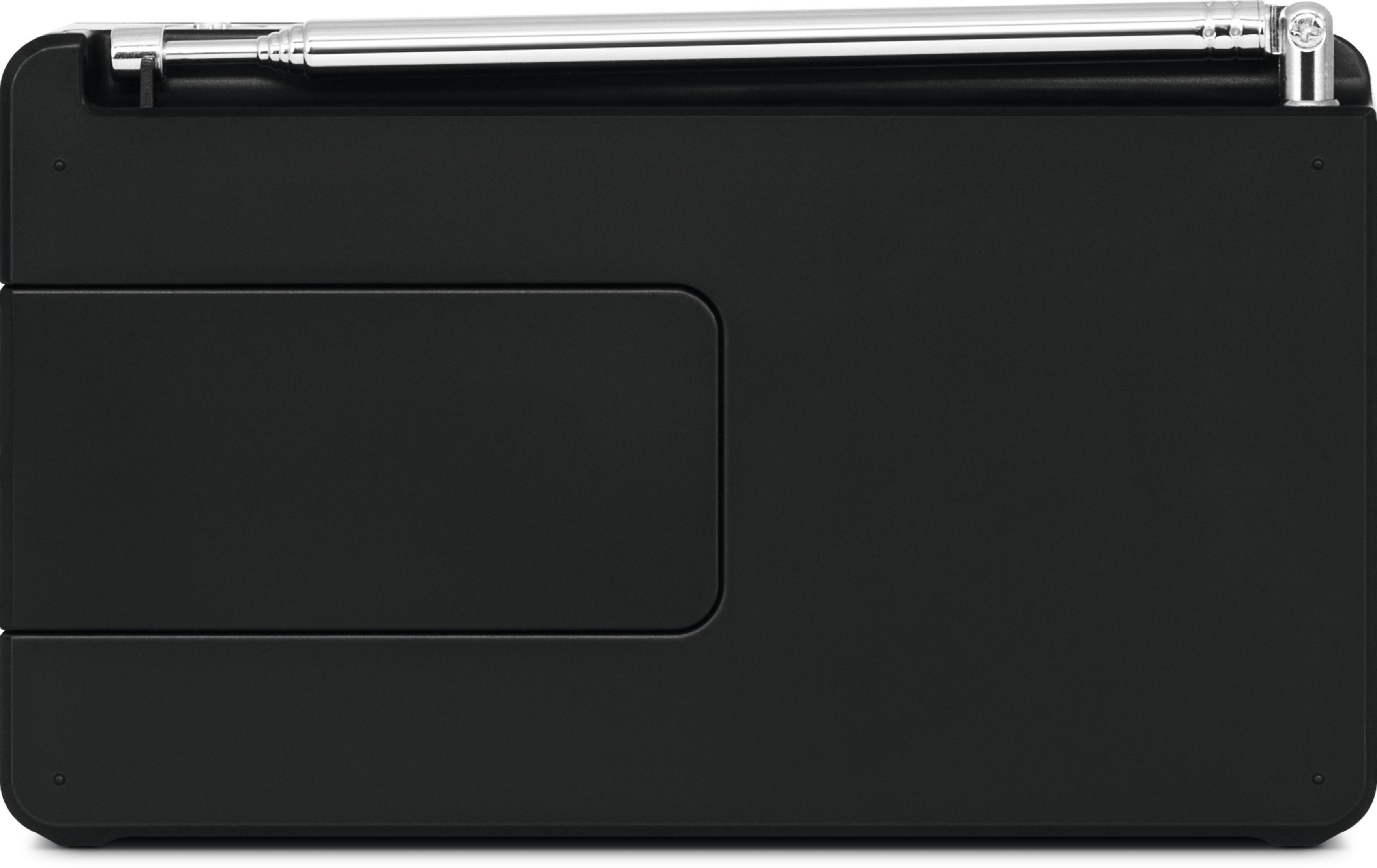 Czarne radio. Widok z góry, z anteną i osłoną.