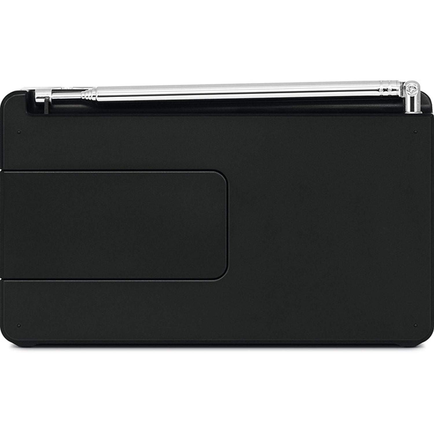 Czarne radio ze srebrną anteną. Prostokątny kształt z bocznym panelem.