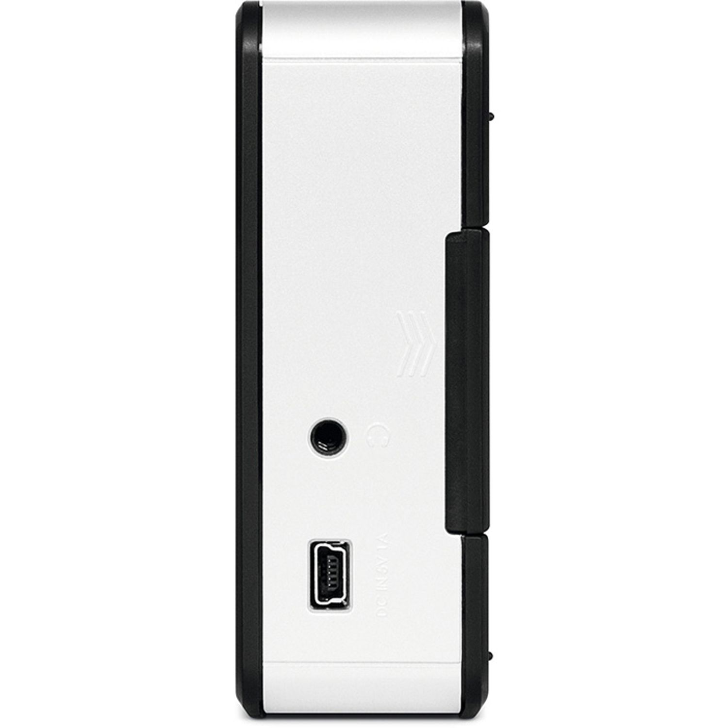 Widok z boku czarnego i srebrnego urządzenia z USB i gniazdem słuchawkowym.