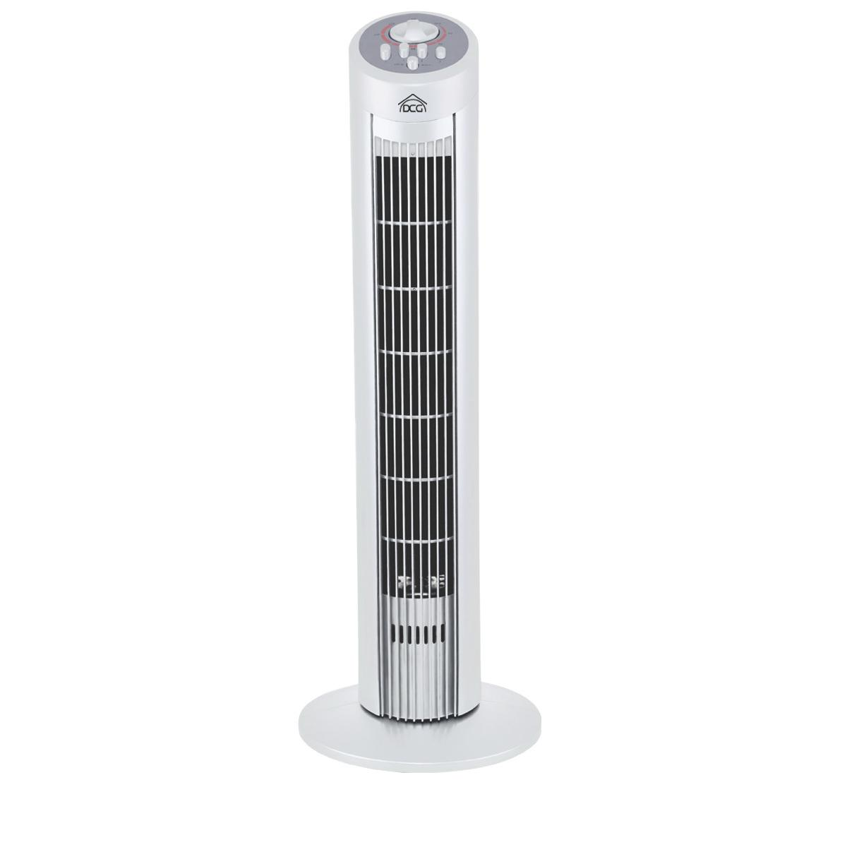 Ventilatore a torre bianco alto con feritoie nere, comandi in alto.