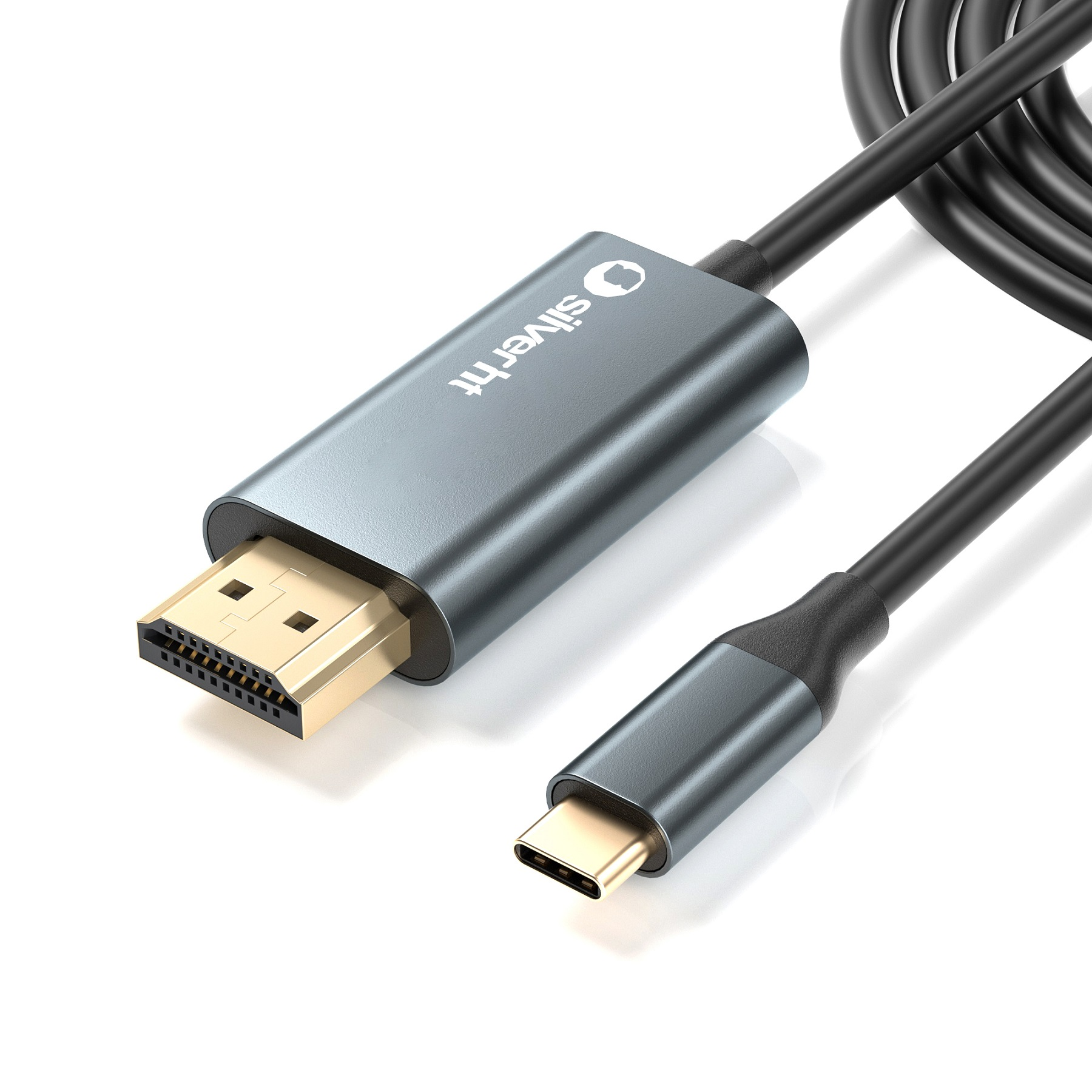Cable Silverht HDMI a USB-C. El cable es negro. Fondo blanco.
