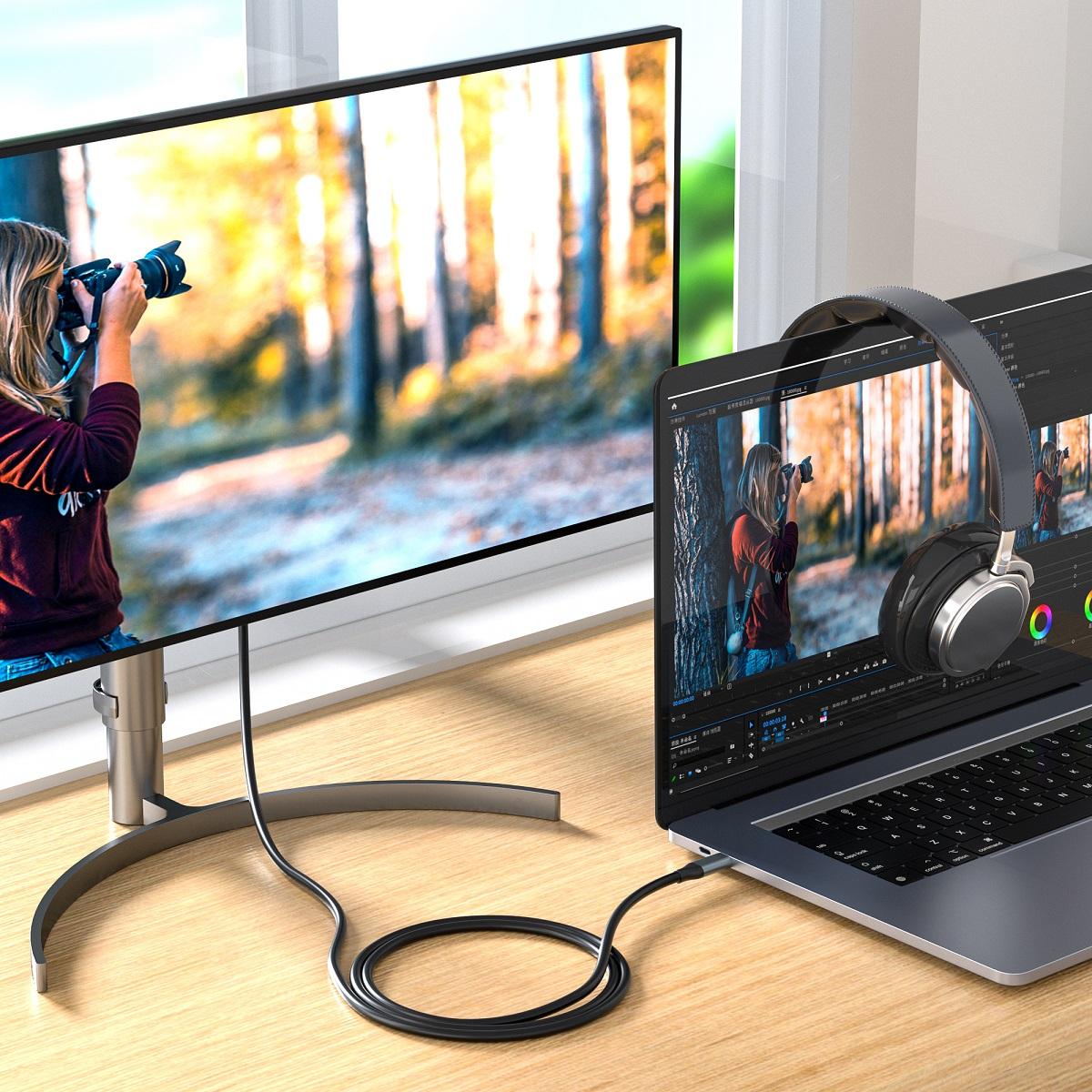 Una laptop está conectada a un monitor con un cable. Una persona es visible en la pantalla de ambos.