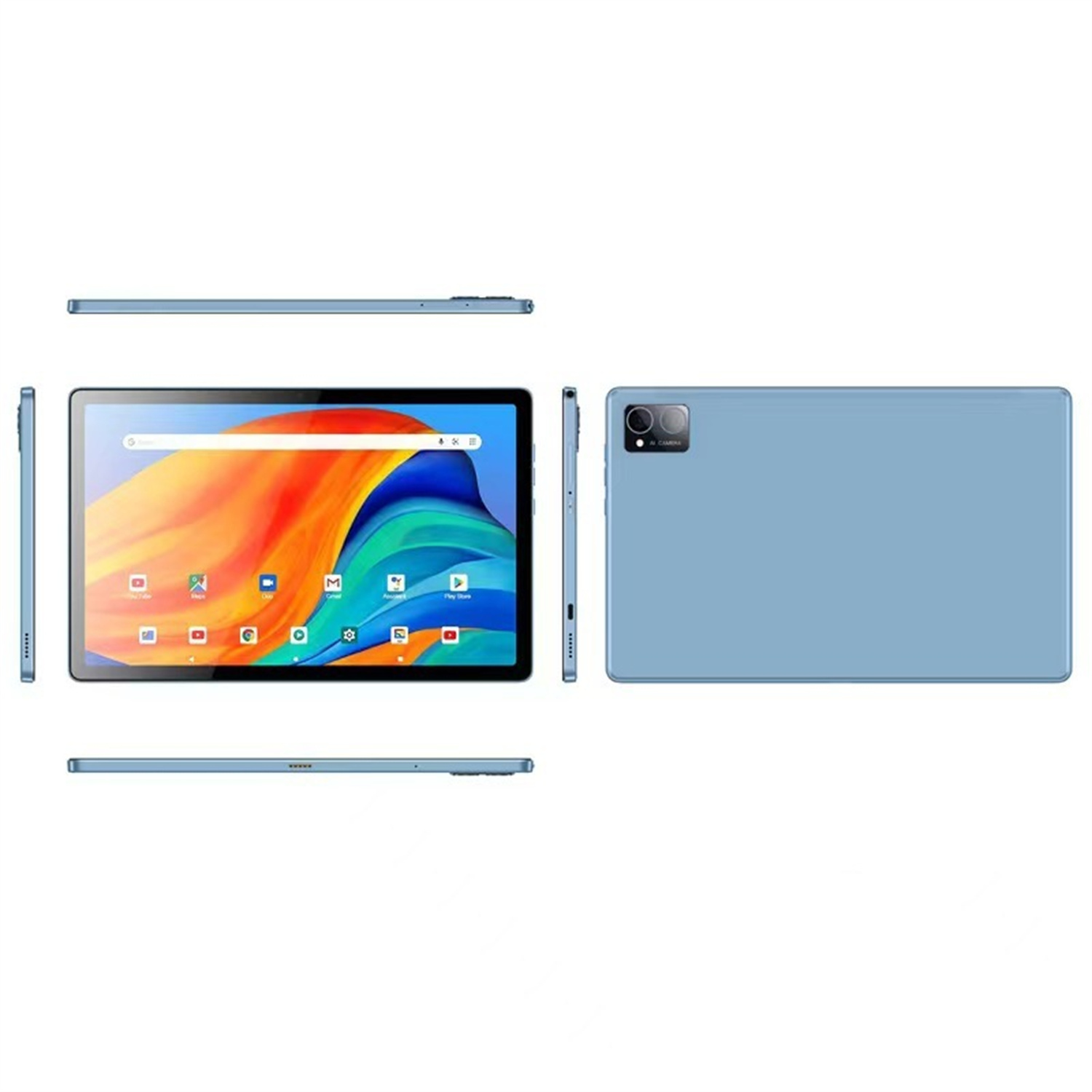 Ein blaues Tablet, das eine farbenfrohe Anzeige mit verschiedenen App-Symbolen zeigt.