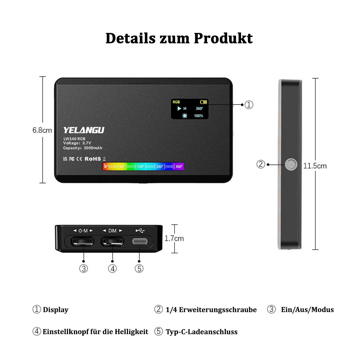Schwarzes YELANGU LED-Licht mit Display, Knöpfen und Messungen.