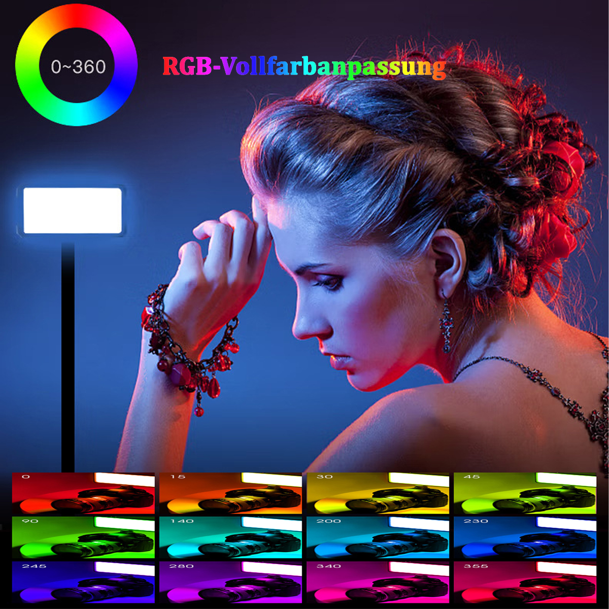 Frau mit farbigem Licht und einem Lichtpanel. Farbkreis und Farboptionen. Blauer Hintergrund.