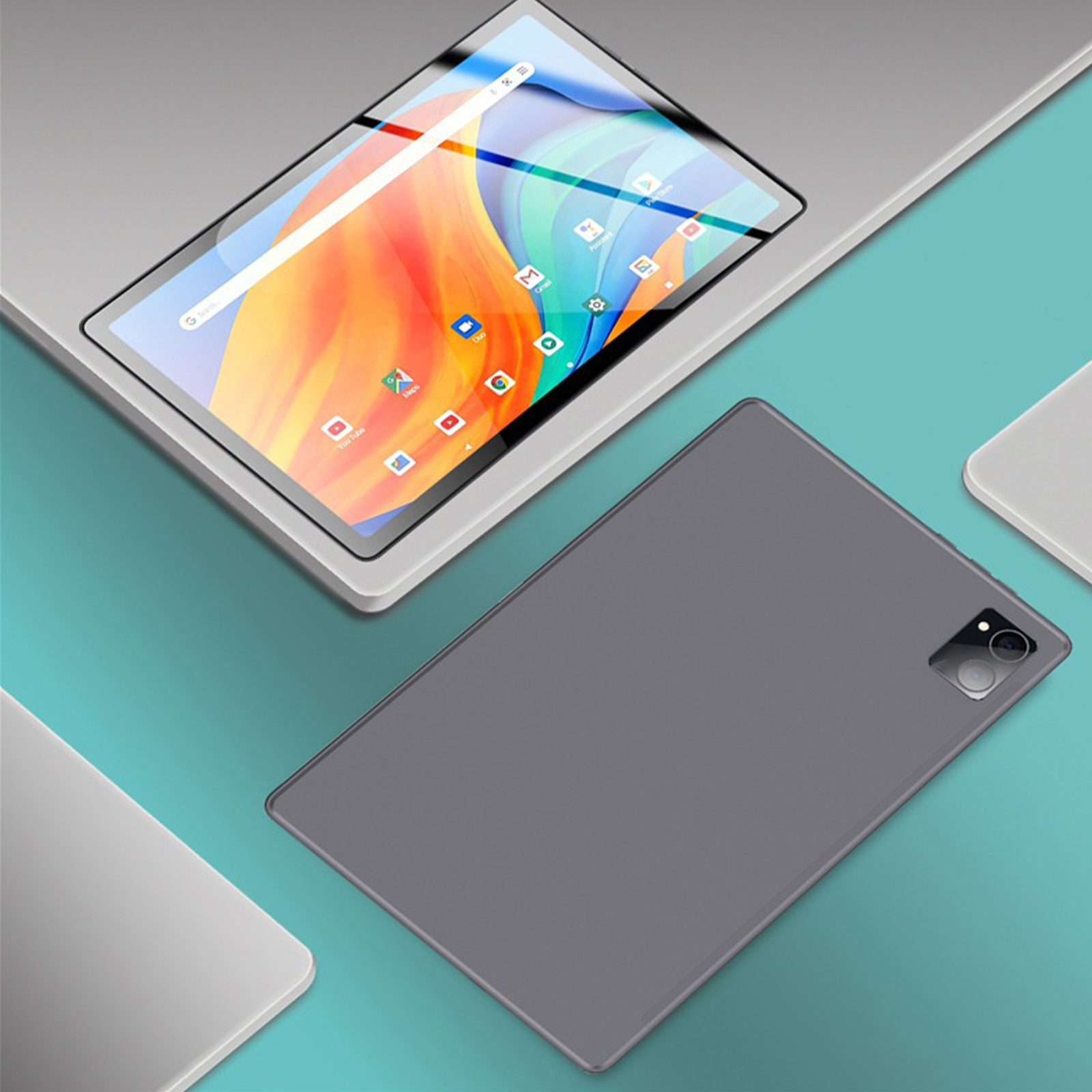 Zwei Tablets auf türkisfarbener Oberfläche. Ein Bildschirm leuchtet, der andere grau.