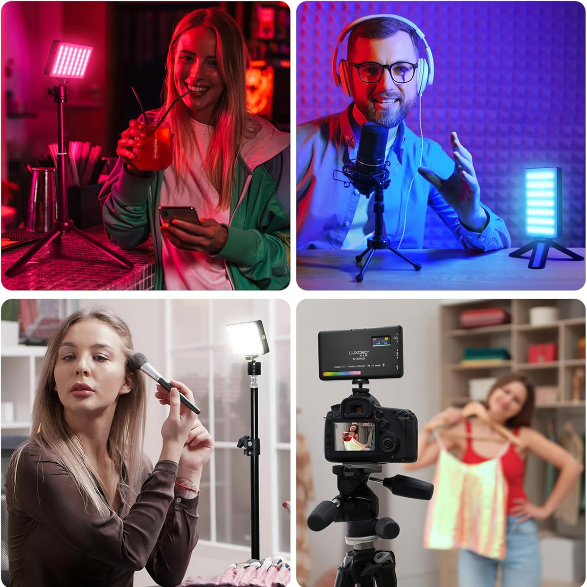 Eine Collage von vier Bildern, die Personen zeigen, die LED-Leuchten in verschiedenen Umgebungen verwenden, einschließlich Bar, Studio und Make-up.