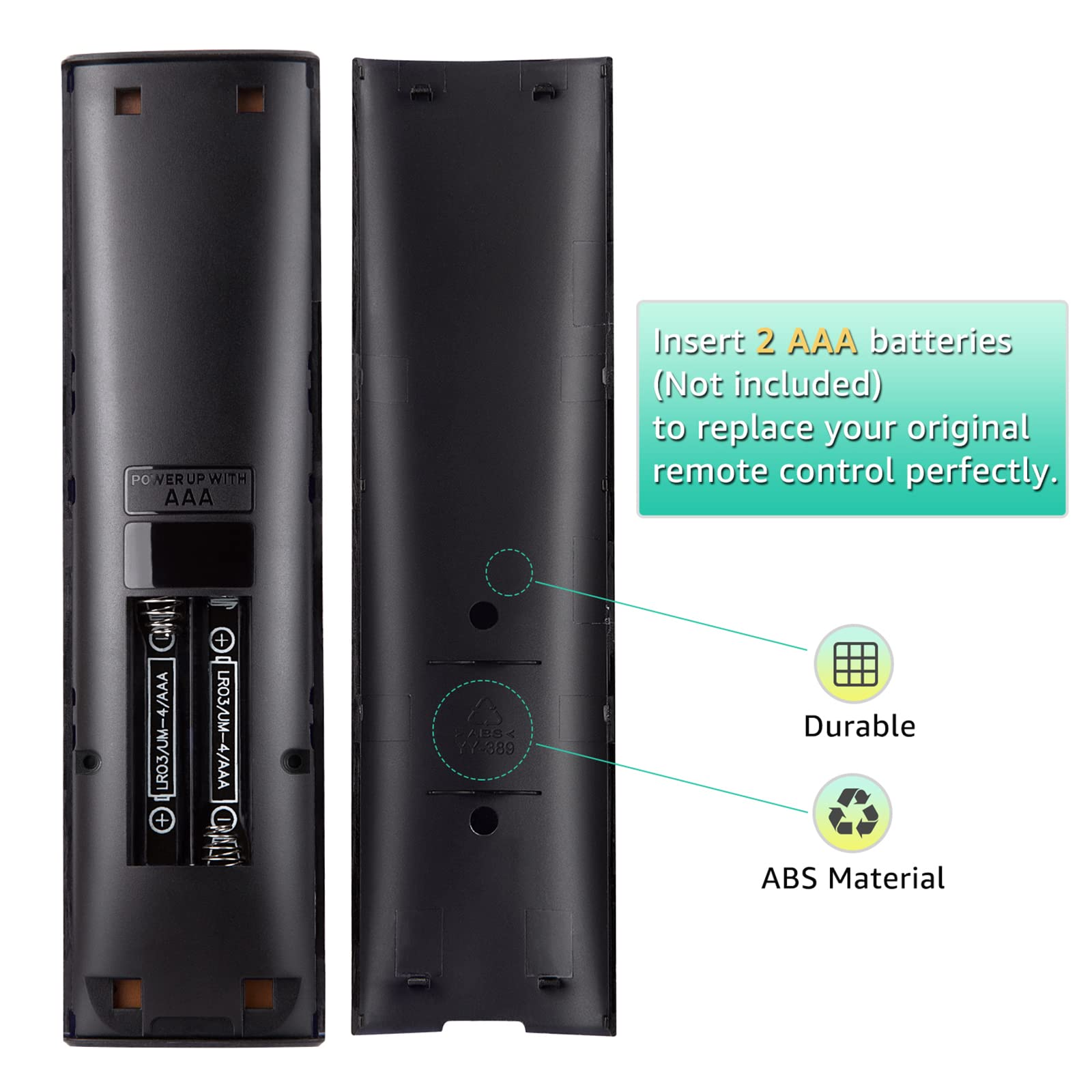 Rückseite einer Fernbedienung mit Batteriefächern und einem Hinweis.