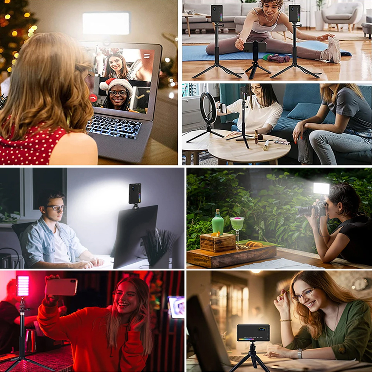 Mehrere Bilder, die zeigen, wie Menschen Ringlichter und Lichter für Videoanrufe und Content-Erstellung verwenden.