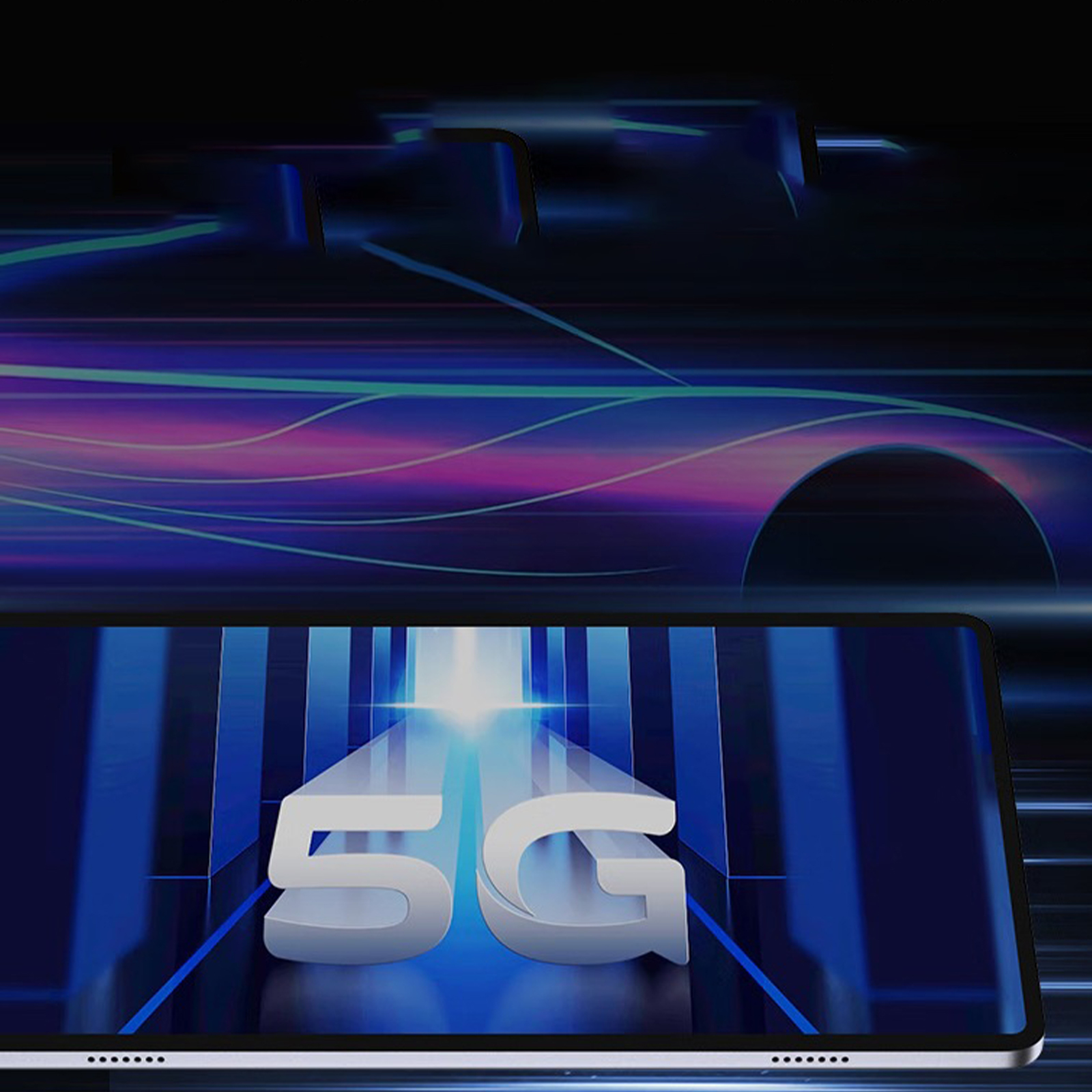 Ein Tablet mit einer 5G-Grafik auf blauem Hintergrund, mit verschwommenem, sich schnell bewegendem Hintergrund.
