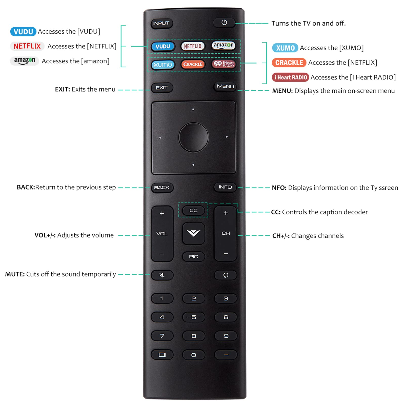 Schwarze Fernbedienung mit beschrifteten Tasten: VUDU, NETFLIX, EXIT, BACK, VOL, CH, MUTE und nummerierte Tasten.