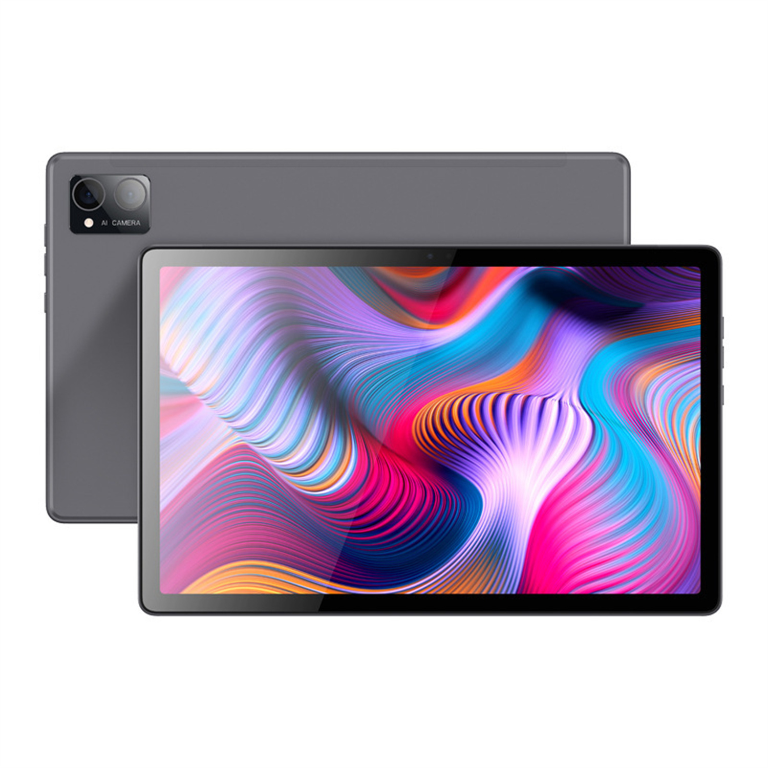Ein Tablet mit dunkelgrauer Rückseite und einem Bildschirm, der bunte Wirbel zeigt. Es liegt flach.