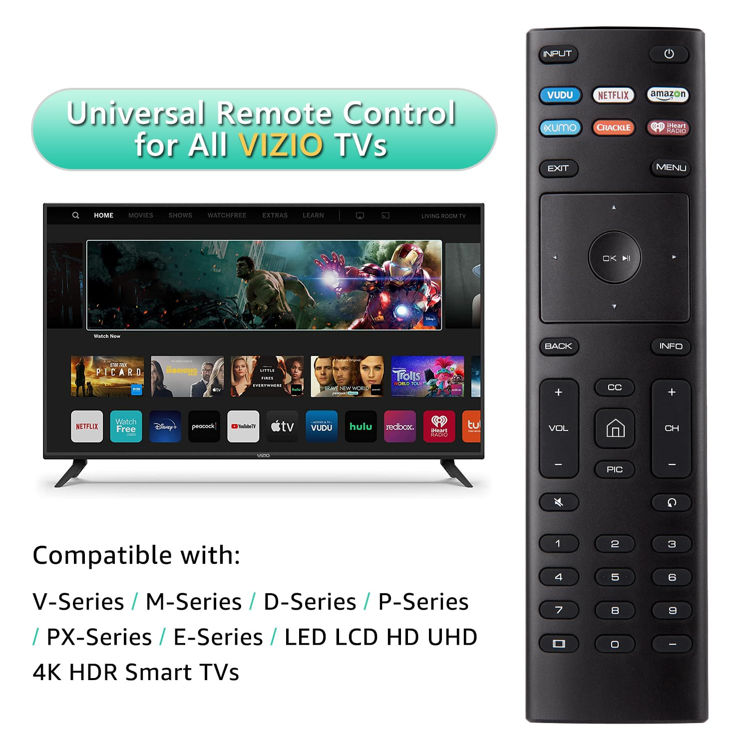 Universalfernbedienung für VIZIO-Fernseher, mit TV-Bildschirm, der einen Film und App-Symbole zeigt.