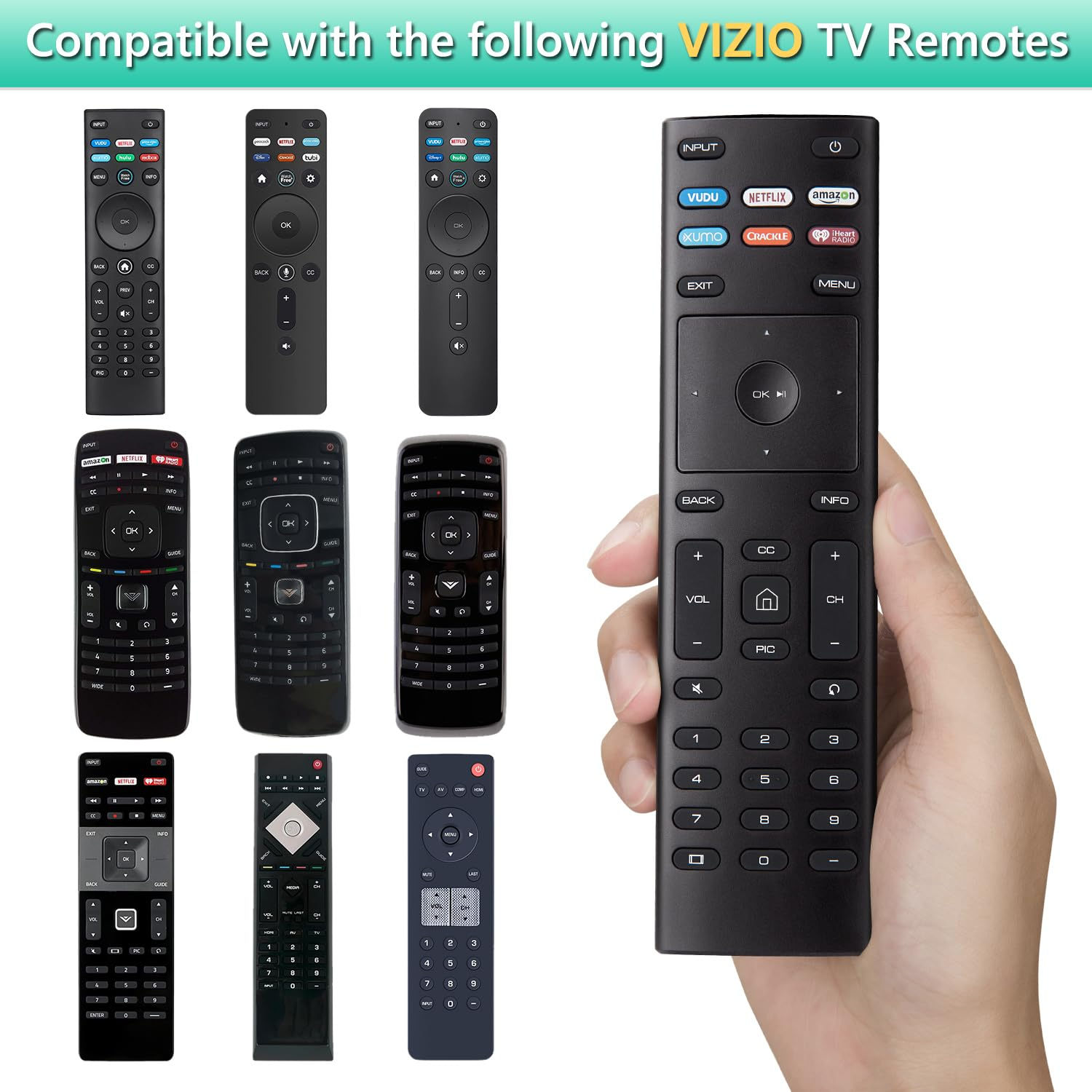 Mehrere Vizio TV-Fernbedienungen, eine in der Hand, auf weißem Hintergrund.