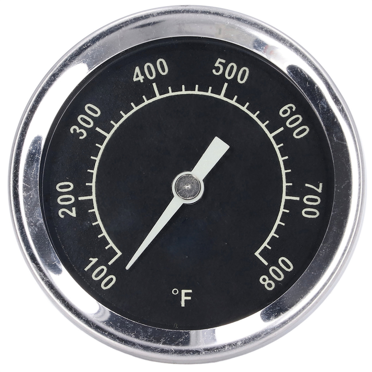Ein schwarzes Thermometer mit silbernem Ring. Die Nadel zeigt 100 Grad Fahrenheit an.