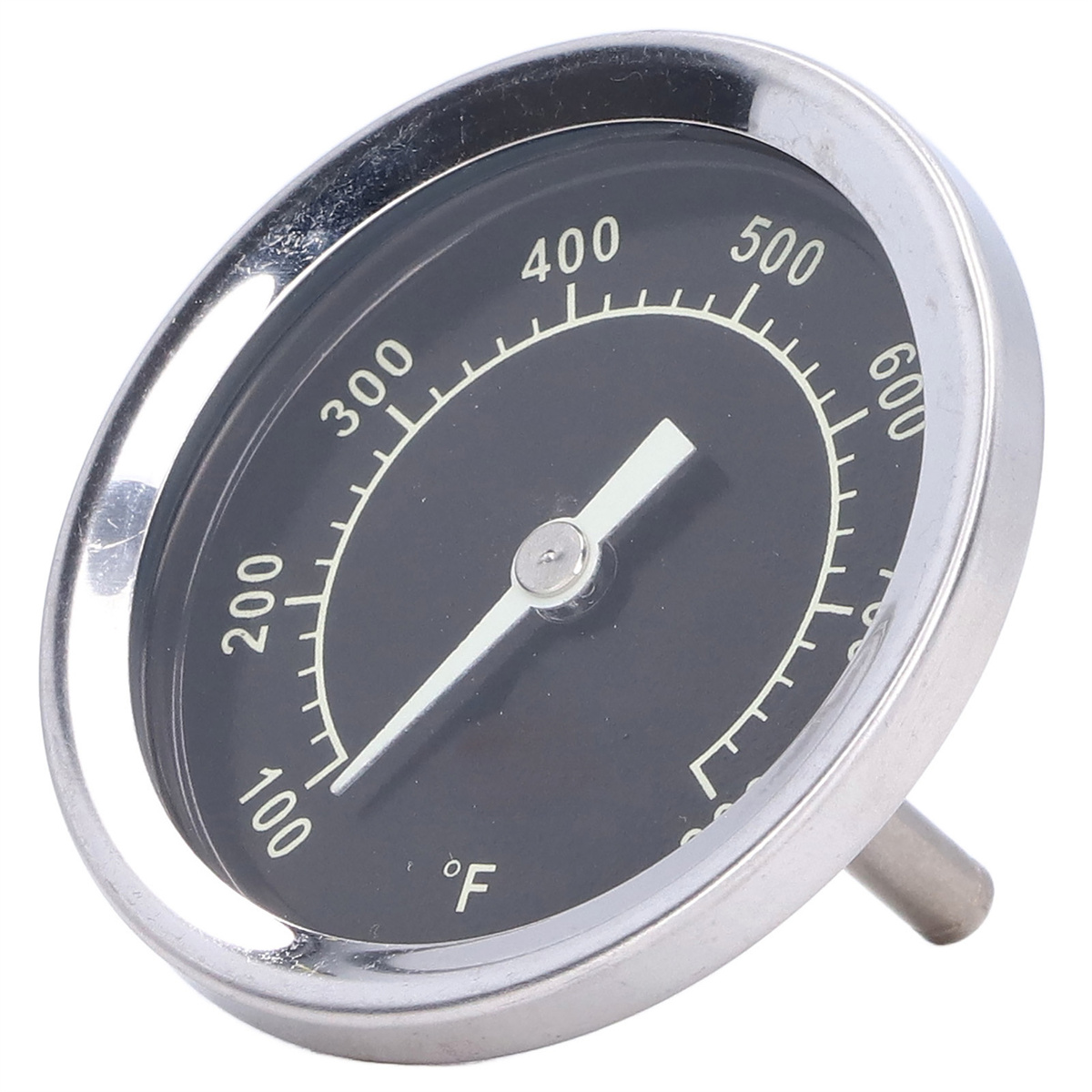 Rundes Thermometer mit schwarzem Zifferblatt und silbernem Rand, das eine Temperatur anzeigt.