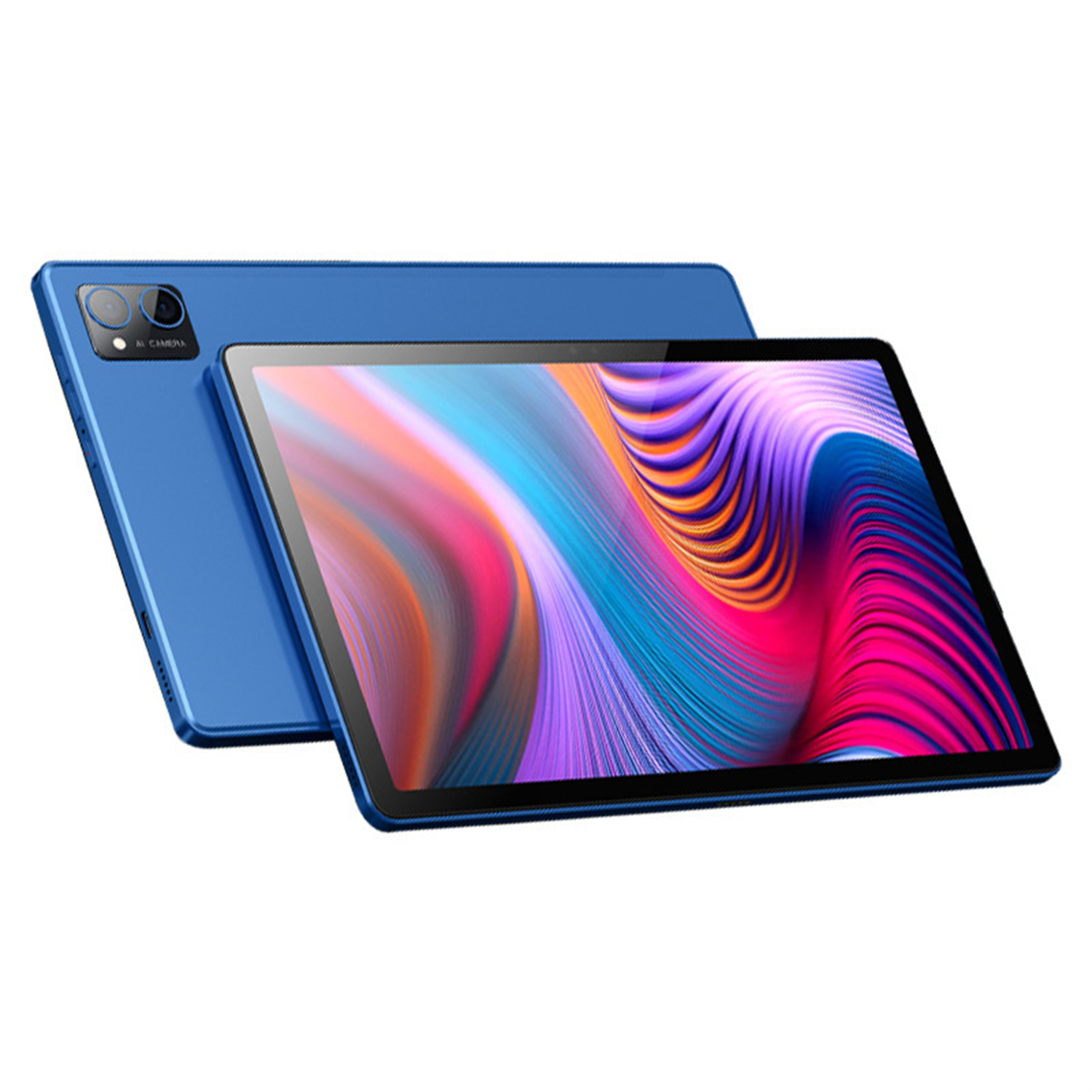 Blaues Tablet mit zwei Rückkameras, das ein farbenfrohes, abstraktes Design auf dem Bildschirm zeigt.