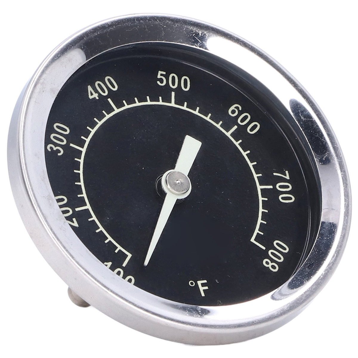 Schwarzes und silbernes rundes Grillthermometer mit weißem Zeiger.