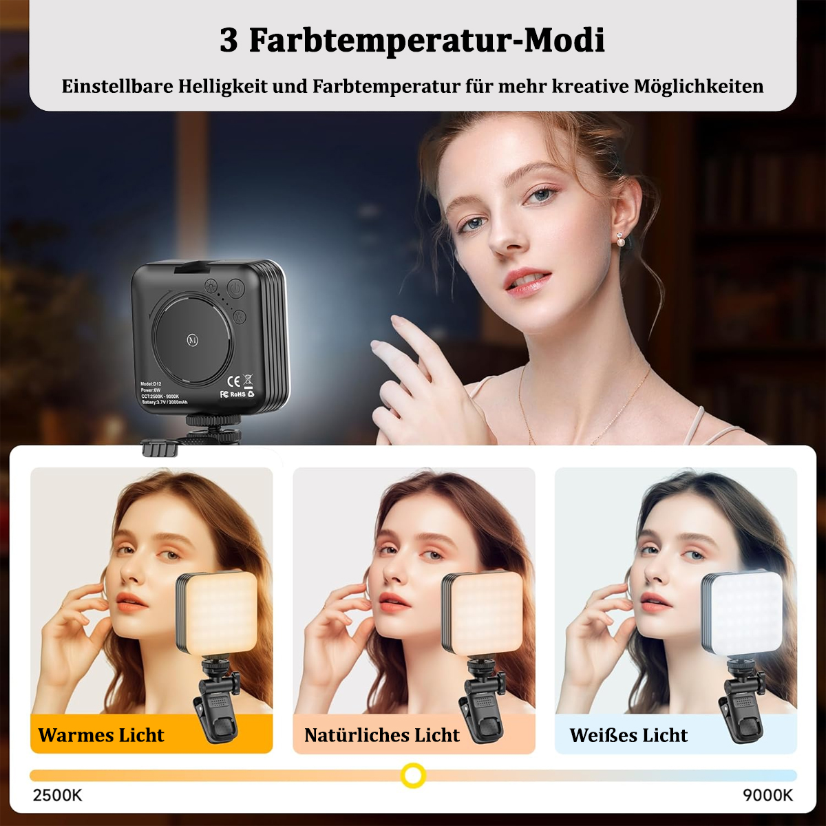 Frau mit quadratischem Licht, mit verschiedenen Farbtemperaturen. Weißer Hintergrund.