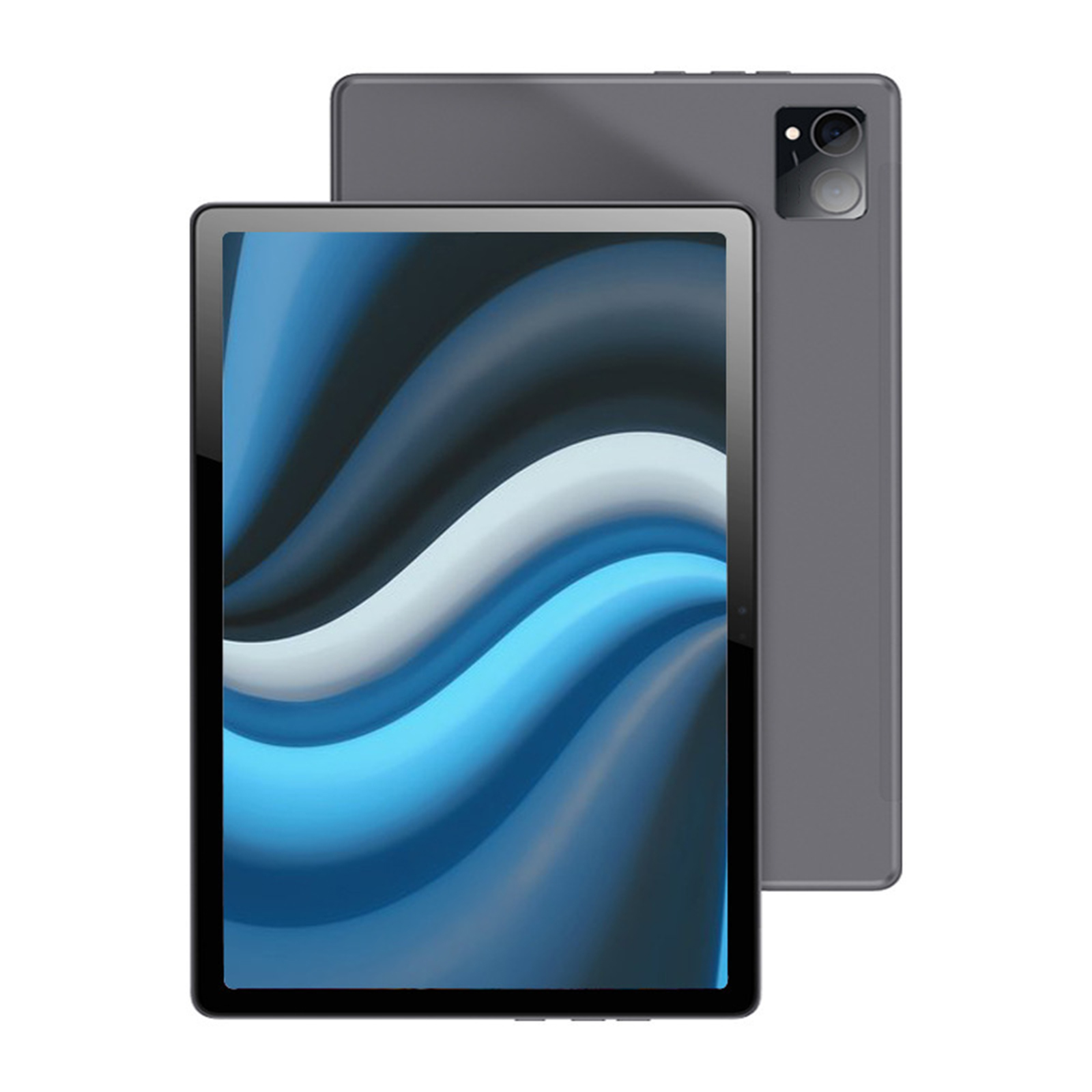 Graues Tablet mit schwarzem Bildschirm, der ein abstraktes Design zeigt, und zwei Rückkameras.