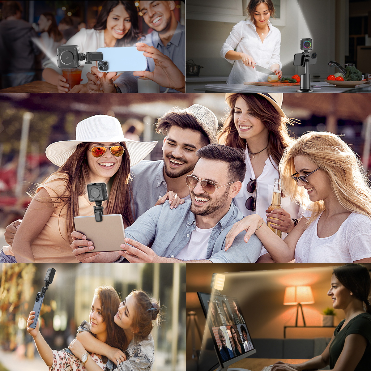 Collage von Menschen, die Action-Kameras für Fotos und Videos in verschiedenen Umgebungen verwenden.