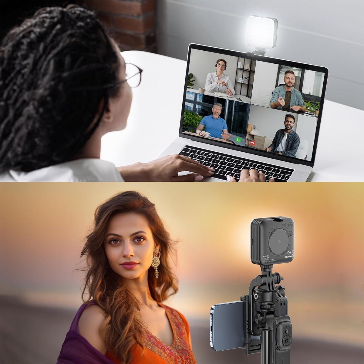 Zwei Bilder einer Frau, die ein tragbares Licht für Videoanrufe und Fotos verwendet.