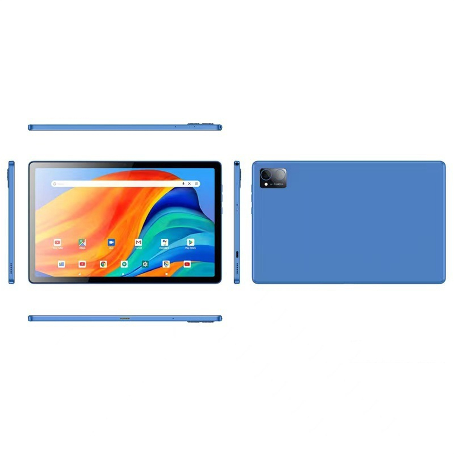 Blauer Tablet-Computer mit Apps auf dem Bildschirm, in mehreren Ansichten.