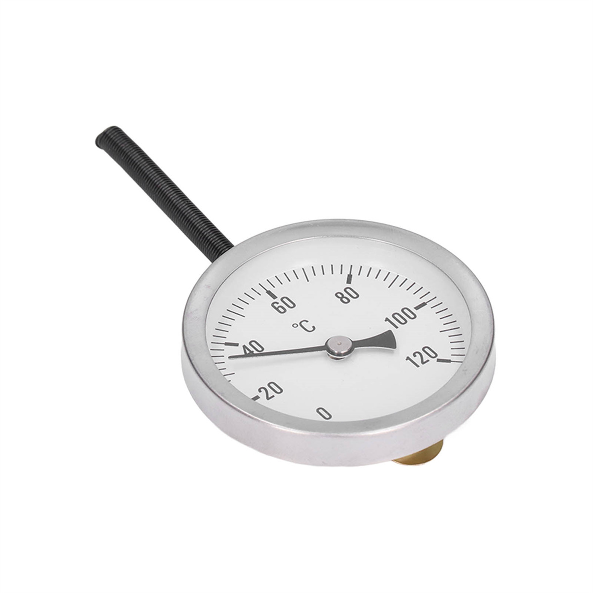 Kreisförmiges Thermometer mit Nadel. Zeigt Grad Celsius und eine schwarze Sonde.