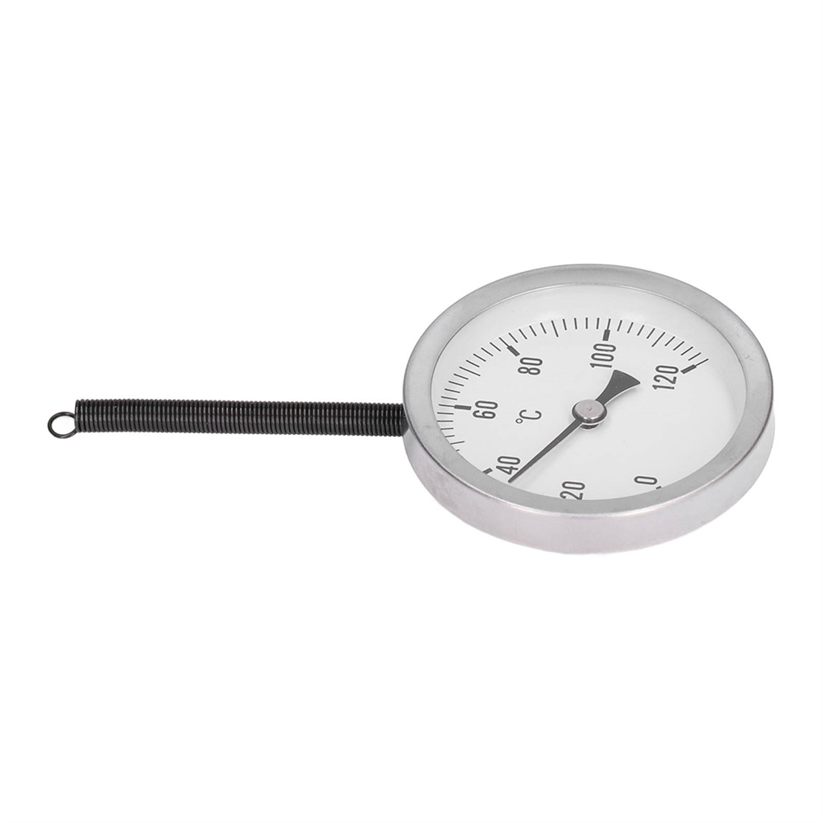 Ein rundes Thermometer mit einer Nadel, die auf 100 Grad Celsius zeigt, mit einer schwarzen Feder.