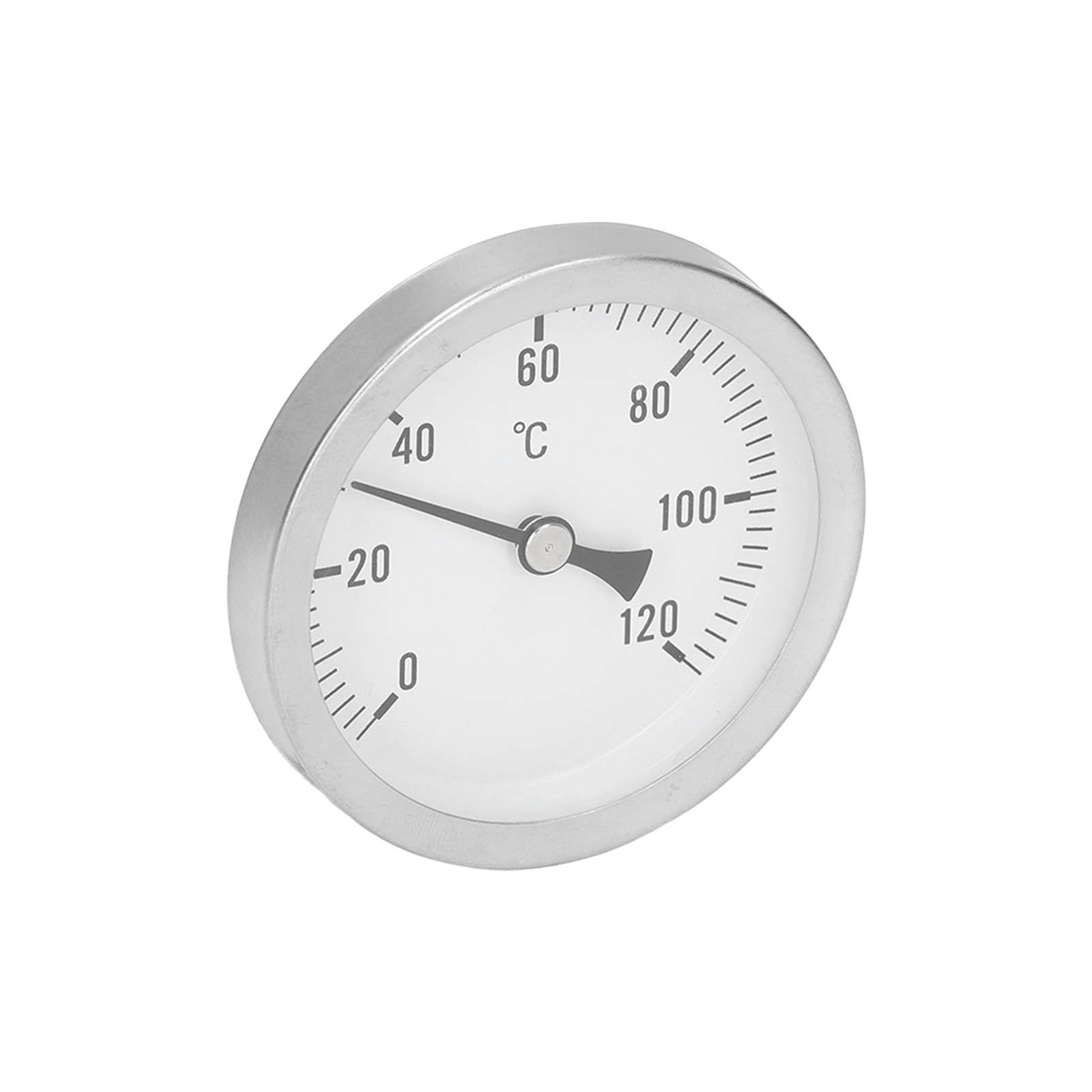 Metallthermometer, das 40 Grad Celsius anzeigt, mit weißem Zifferblatt und schwarzem Zeiger.