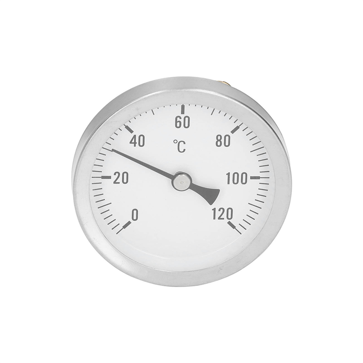 Rundes Thermometer mit weißem Zifferblatt und Nadel, die auf 30 Grad Celsius zeigt.