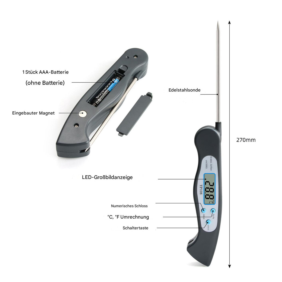 Klappbares Lebensmittelthermometer mit digitaler Anzeige. Zeigt die Temperatur an.