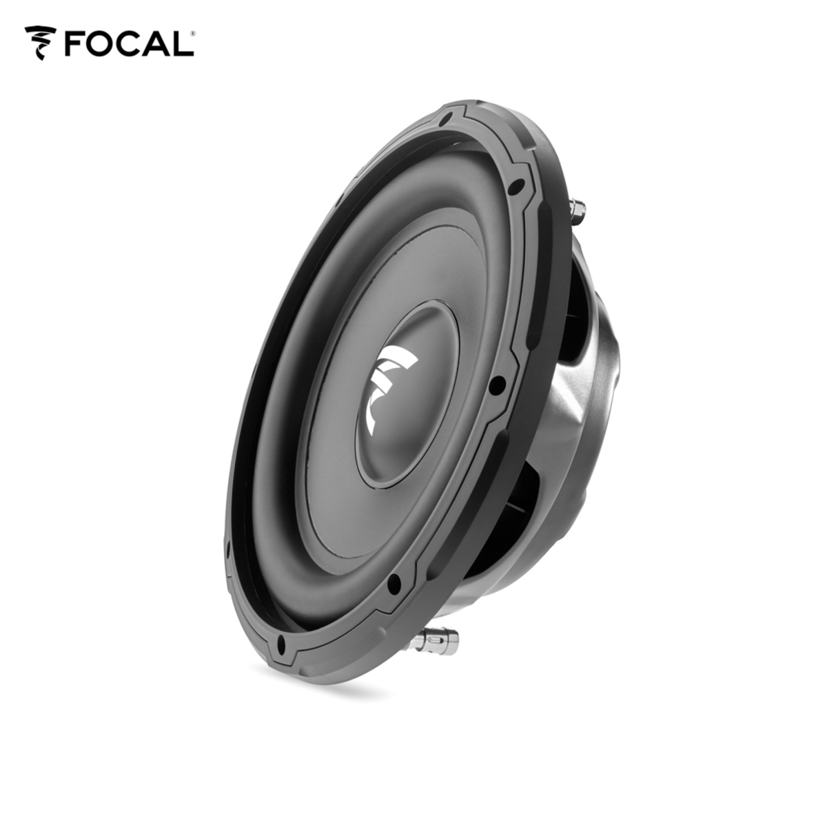 Schwarzer Subwoofer mit Focal-Logo. Dunkelgraues, kreisförmiges Design mit mehreren Schraubenlöchern.