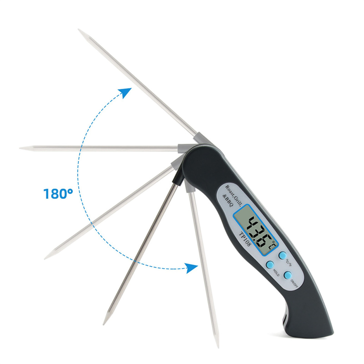 Ein schwarzes Lebensmitteltemperaturen mit Digitalanzeige, die eine Temperatur anzeigt. Das Thermometer ist teilweise geöffnet.