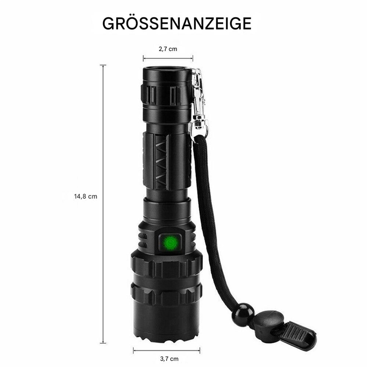 Schwarze Taschenlampe mit Maßen. Sie hat eine Handschlaufe und eine grüne Betriebsanzeige.