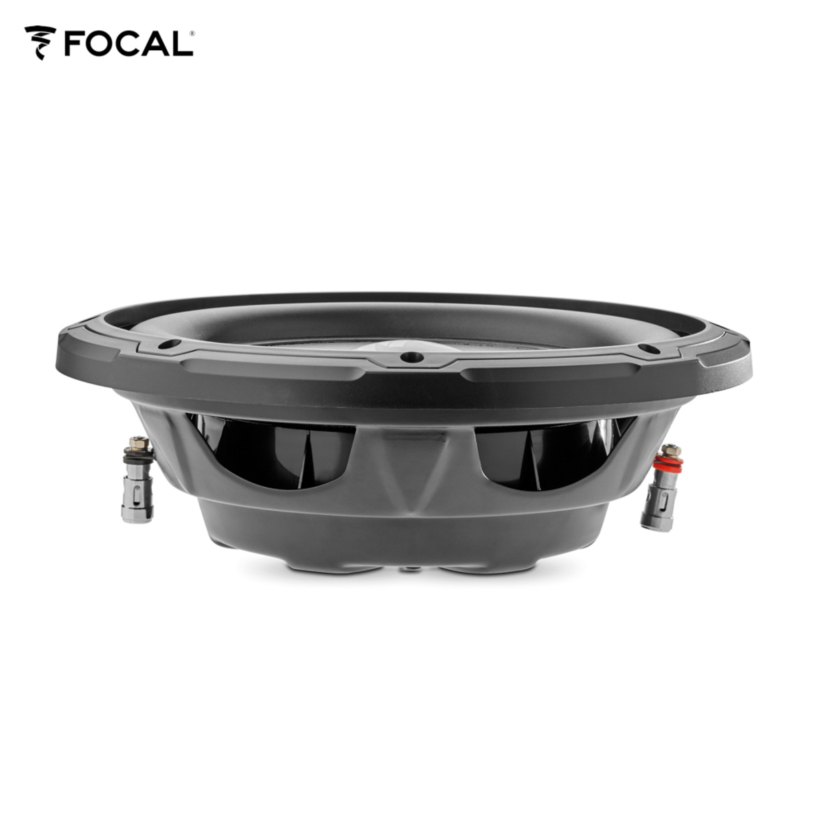 Schwarzer Focal-Subwoofer-Lautsprecher, Seitenansicht, Markenname oben.