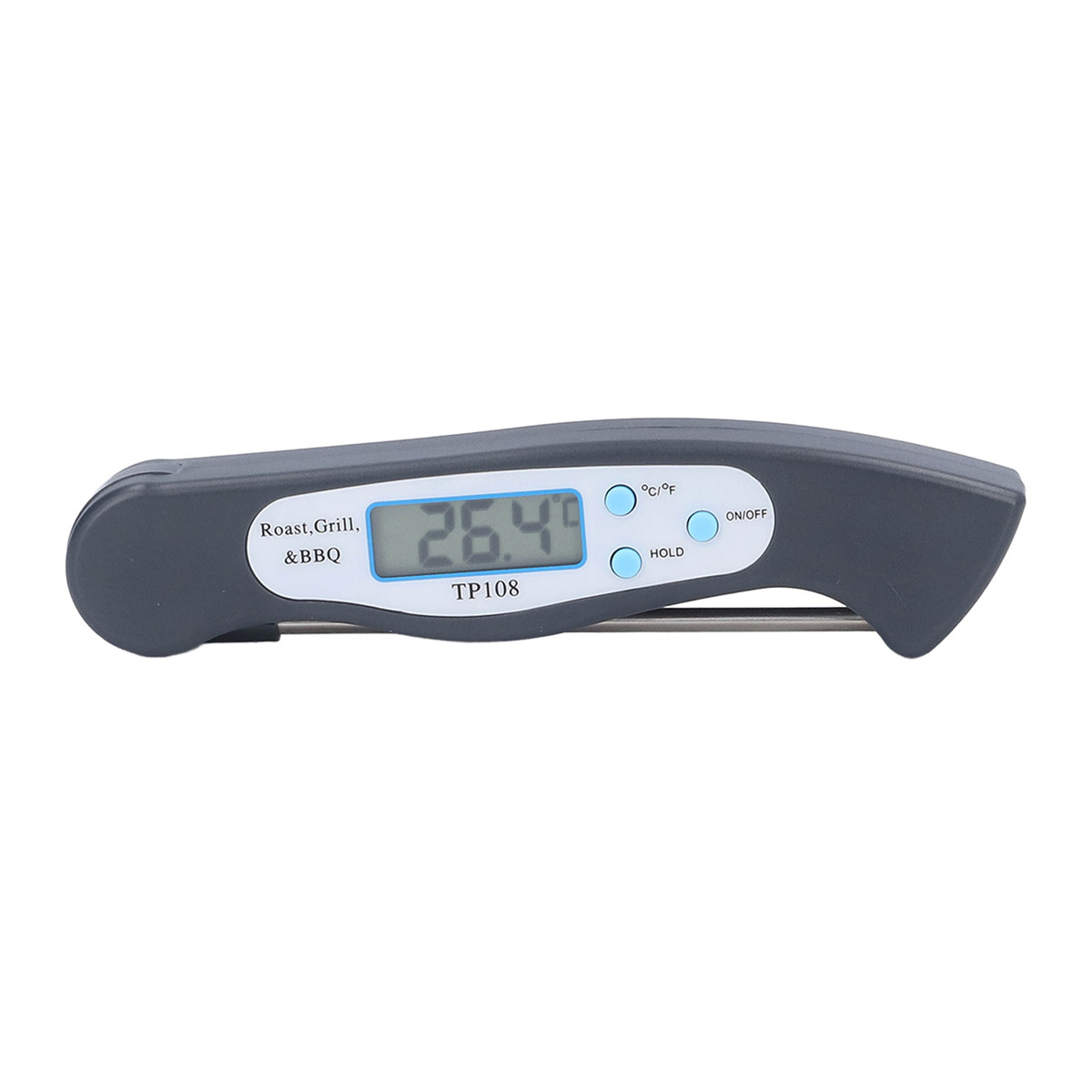 Ein digitales Lebensmittelthermometer mit einer Anzeige von 26,4. Das Gerät ist schwarz und grau.