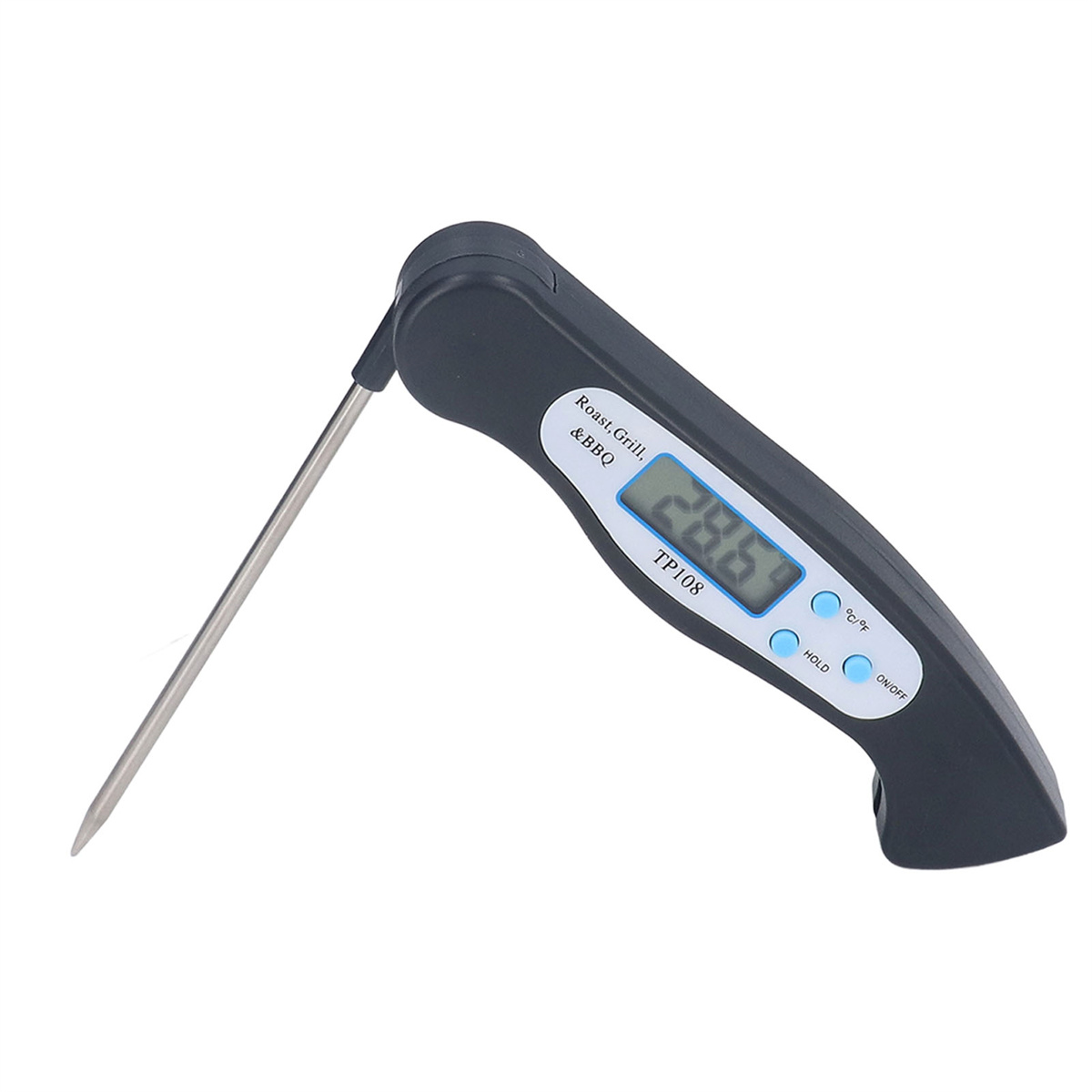 Schwarzes Lebensmitteltemperaturmessgerät mit Digitalanzeige, 28,6 Grad.