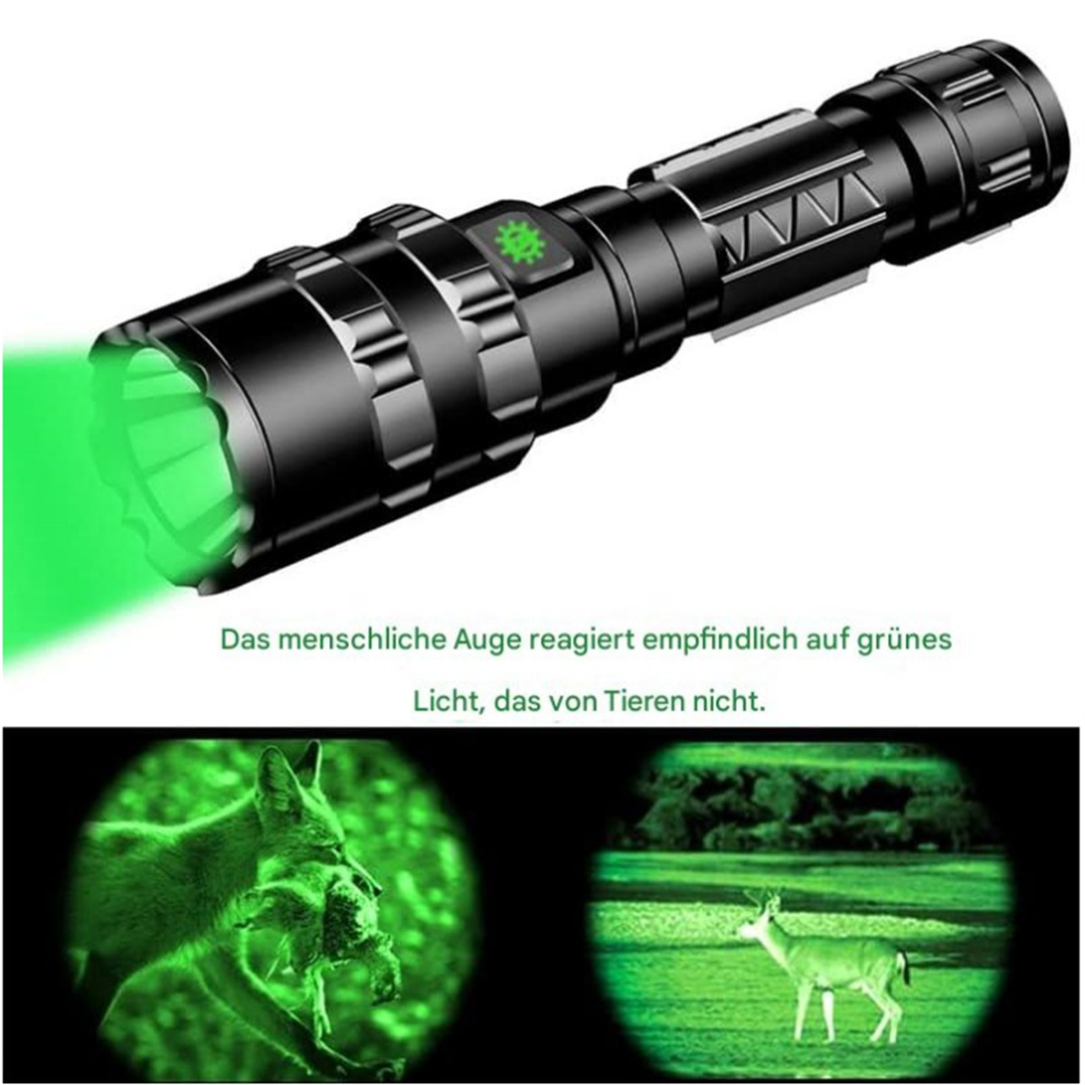 Eine schwarze Taschenlampe mit grünem Licht, das scheint, mit Bildern von Hirschen und Füchsen in Grün.