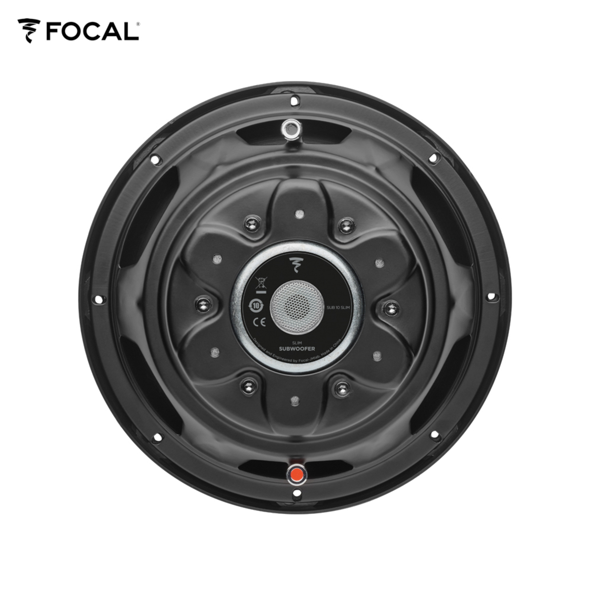 Ein schwarzer Focal-Subwoofer mit kreisförmigem Design.