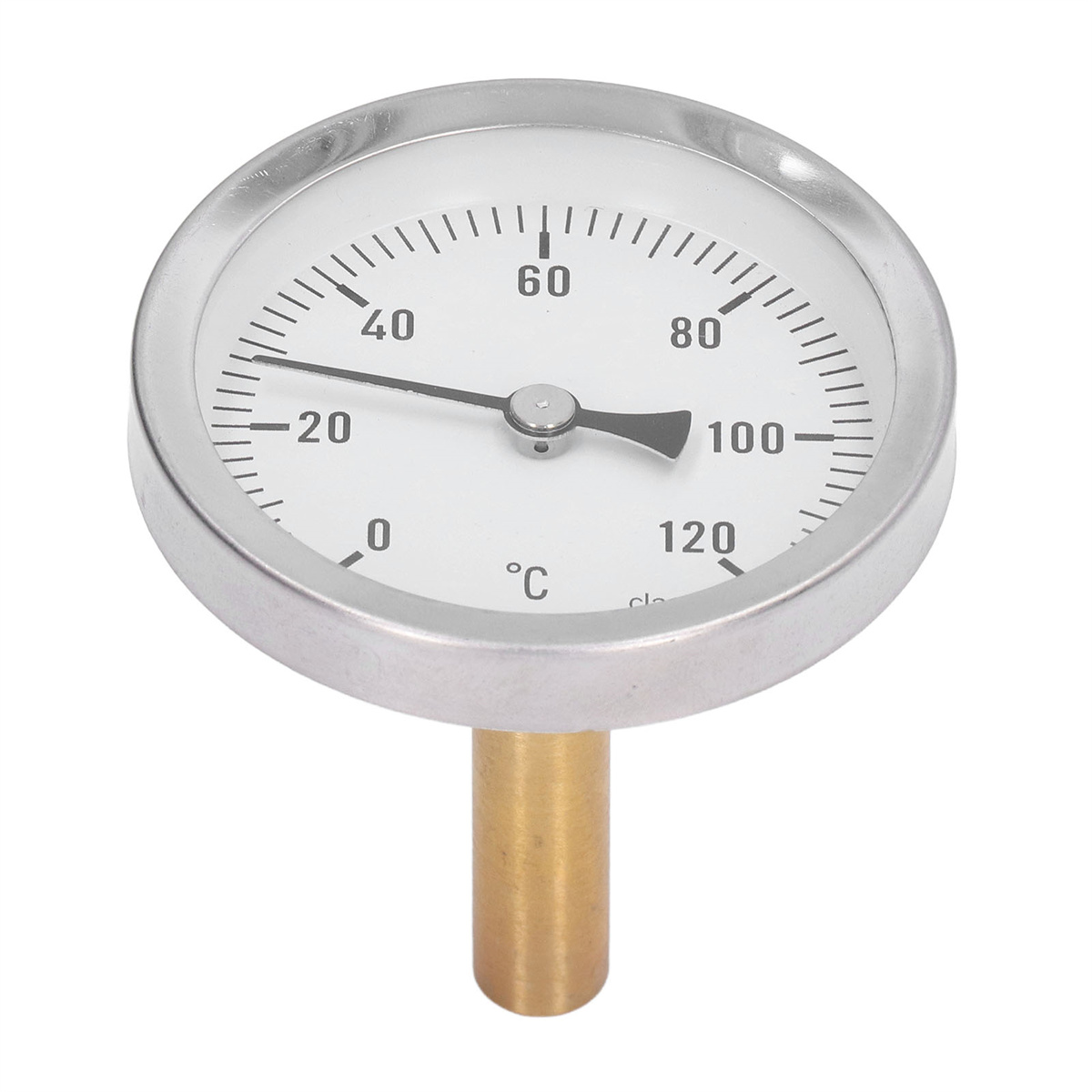 Rundes Thermometer, zeigt 0-120°C an, mit einem Metallschaft.