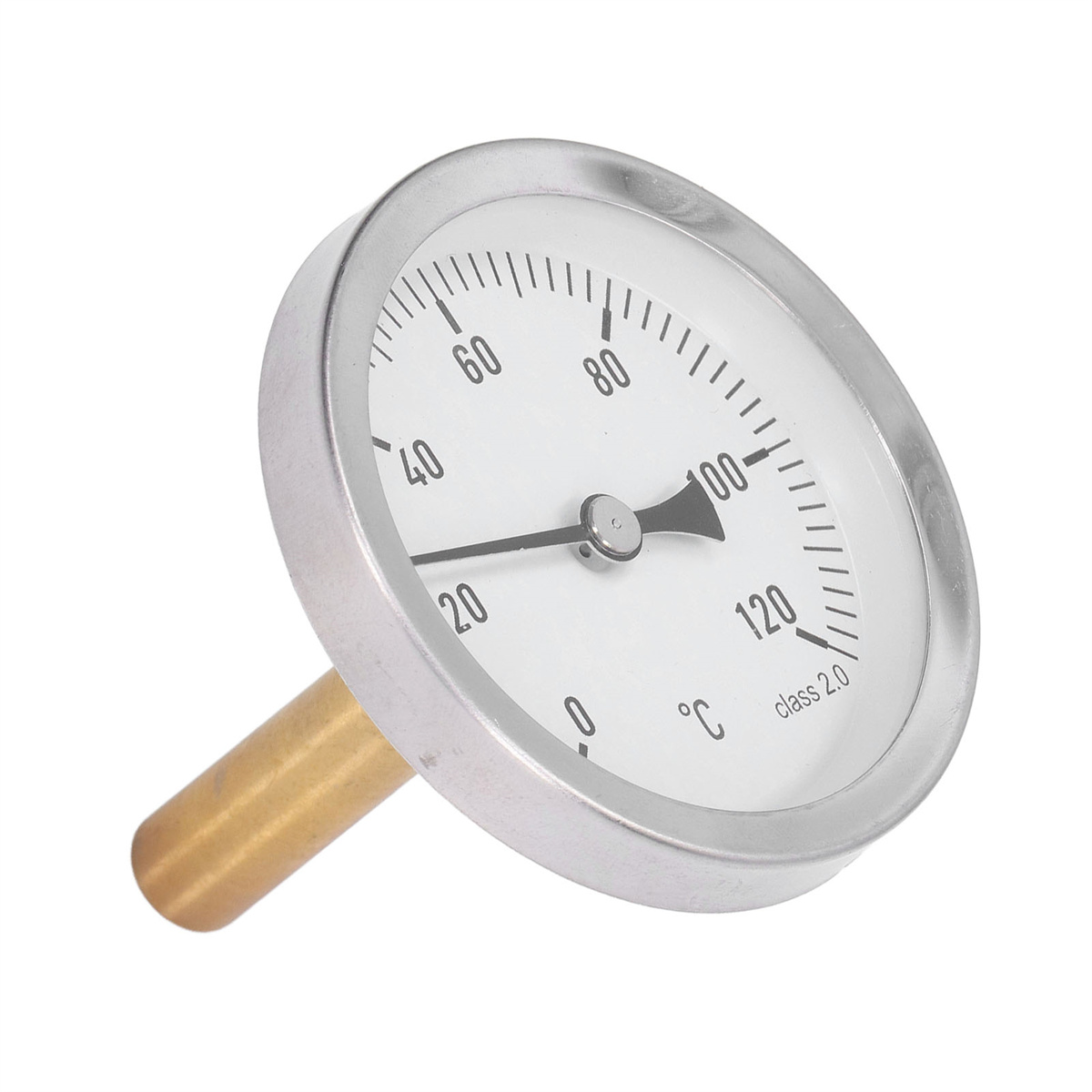 Rundes Thermometer mit Metallrahmen. Zahlen und eine Nadel zeigen die Temperatur an.