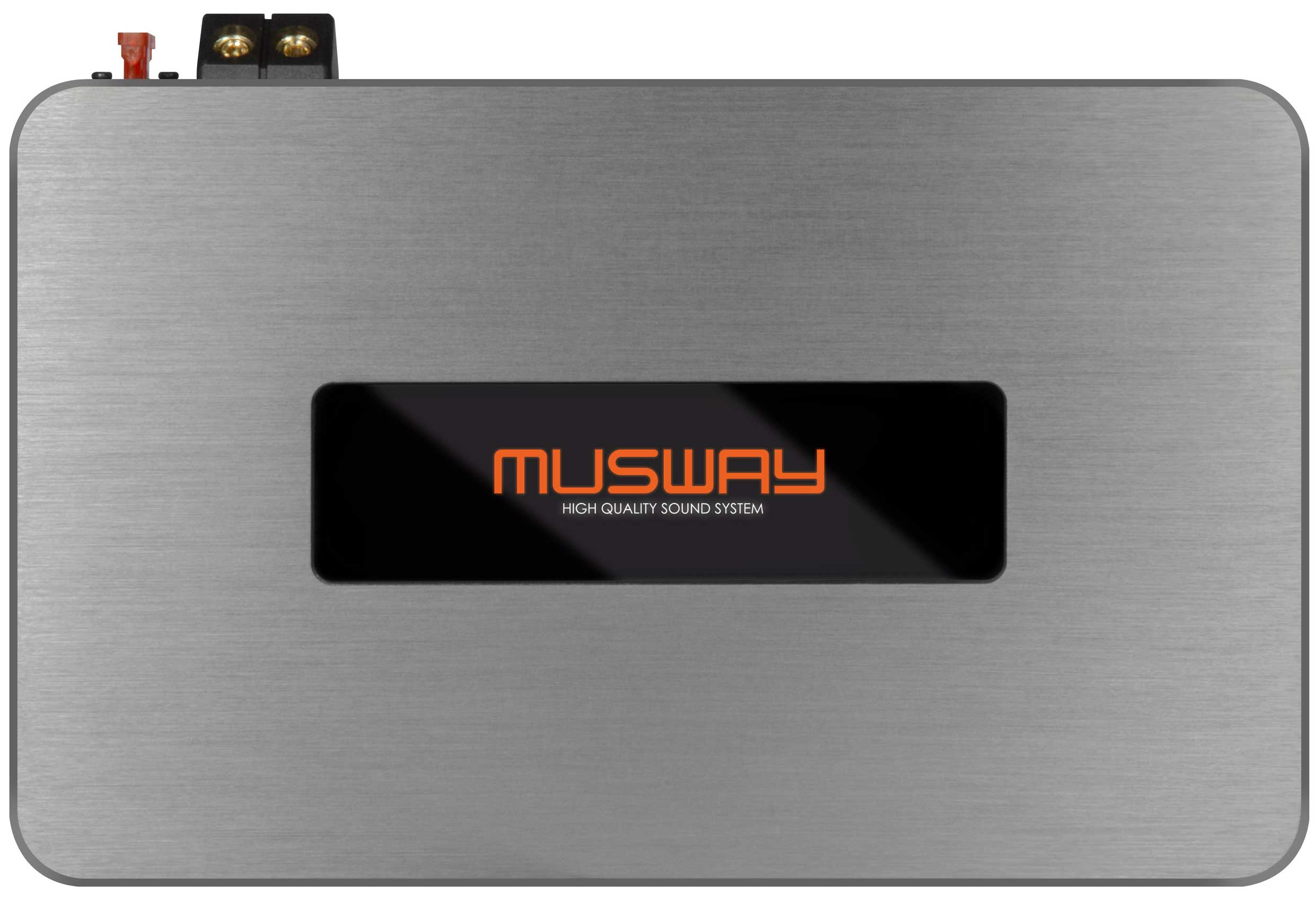 Ein silberner Auto-Audioverstärker mit dem Musway-Logo in Orange auf einem schwarzen rechteckigen Feld.
