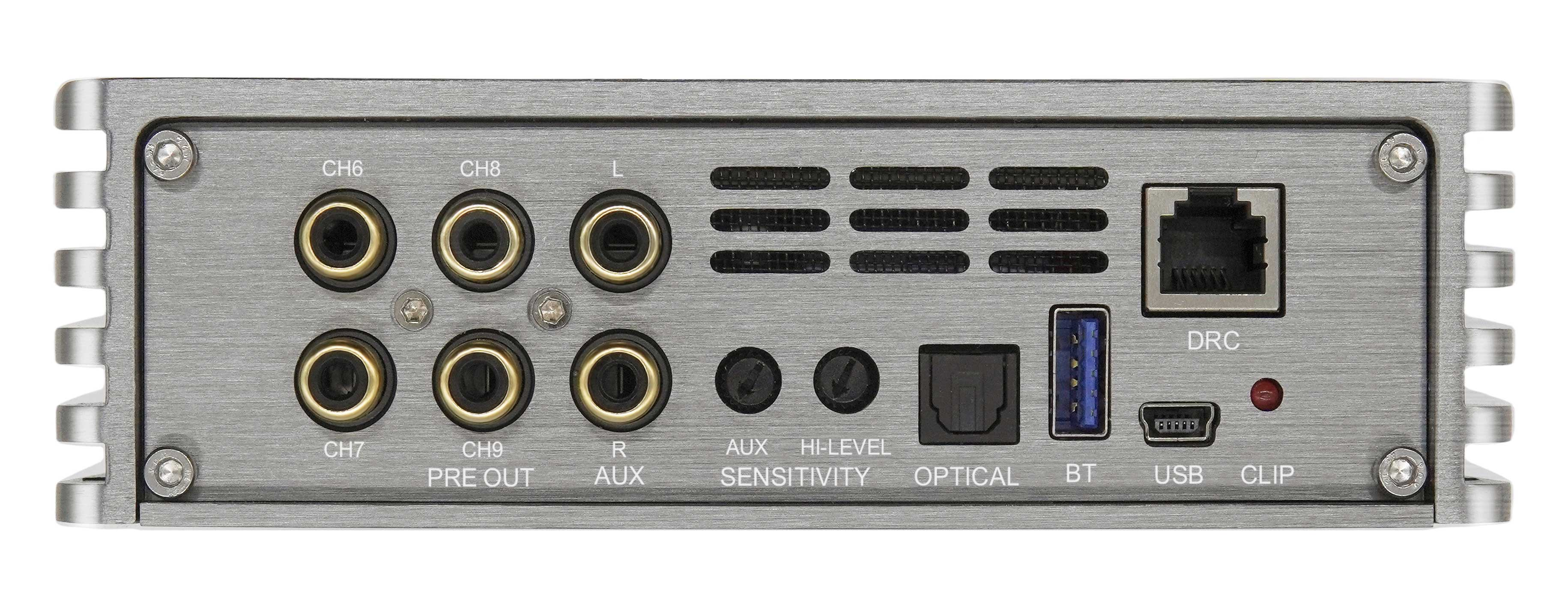 Silbernes Rückwand-Audiogerät mit Anschlüssen. Enthält AUX, USB und mehr.