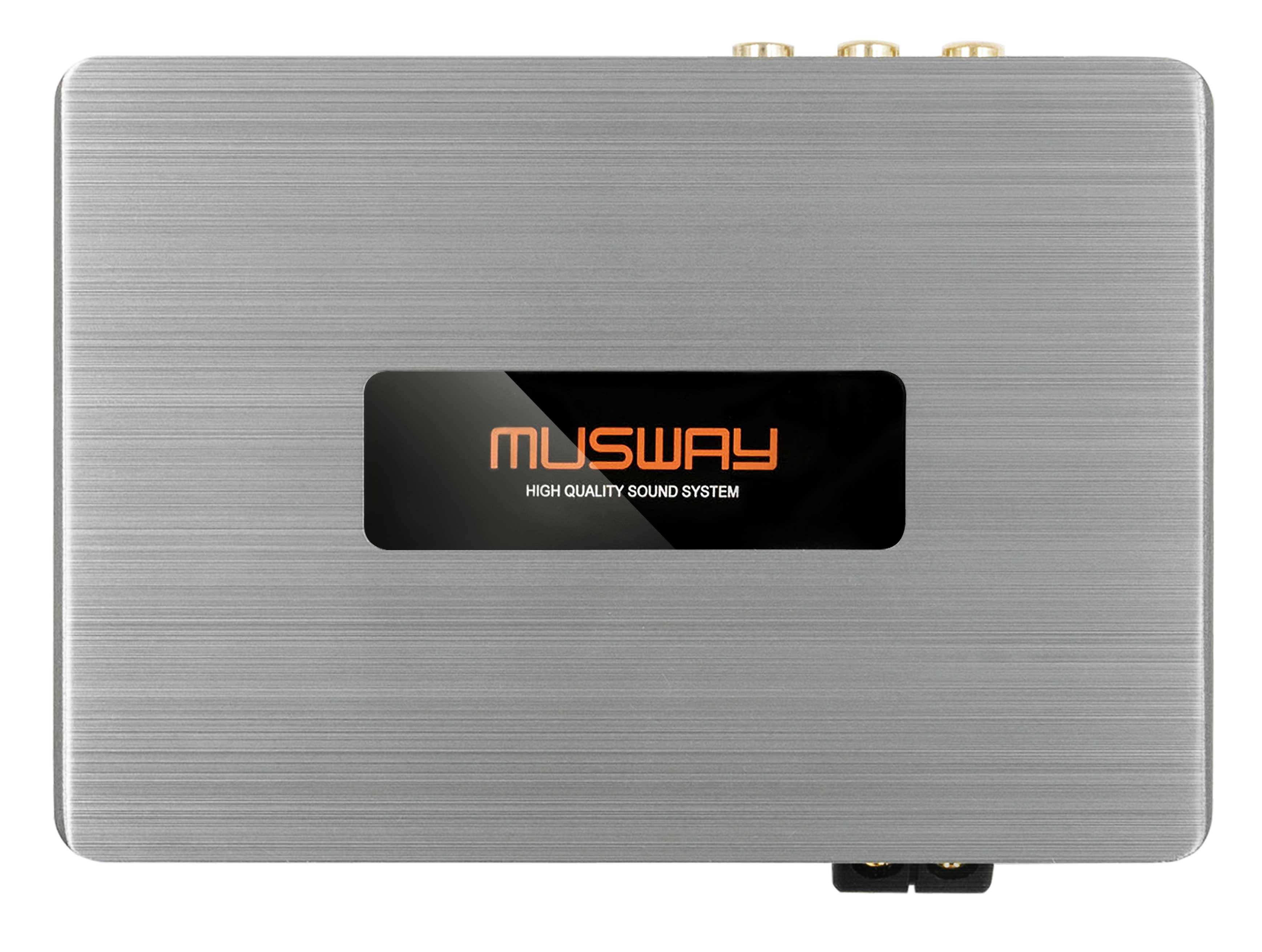 Ein silbernes MUSWAY Soundsystem-Gerät mit Logo. Das Gerät hat eine gebürstete Metallstruktur.