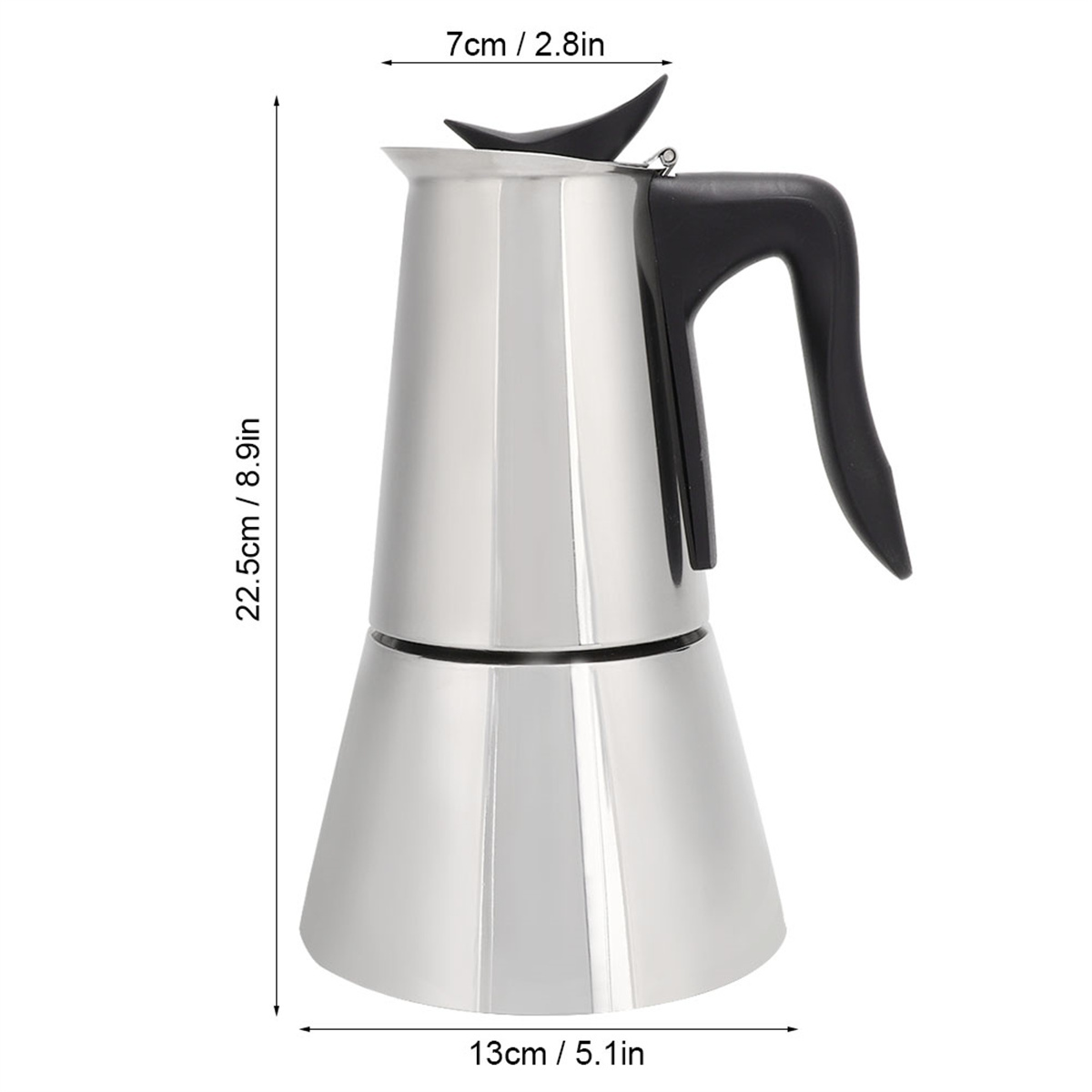 Metallisch silberfarbener Kaffeezubereiter mit schwarzem Griff. Daneben sind Maße angegeben.