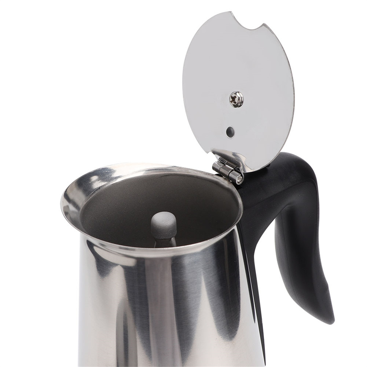 Edelstahl-Kaffeemaschine mit offenem Deckel und schwarzem Griff.
