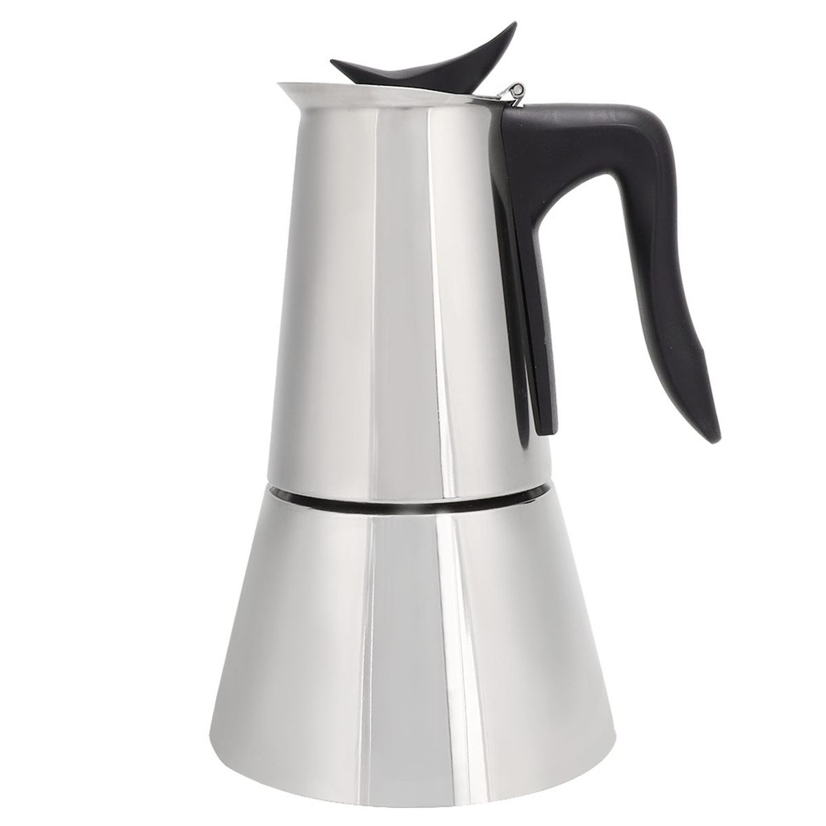 Ein Espressokocher aus Edelstahl mit schwarzem Griff.