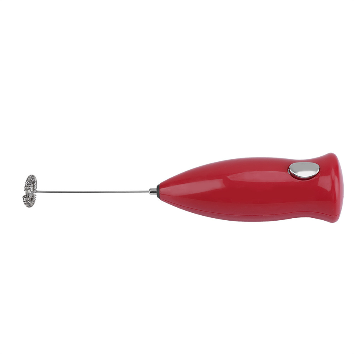 Ein roter, handgehaltener Milchaufschäumer mit einem silbernen Quirlkopf.