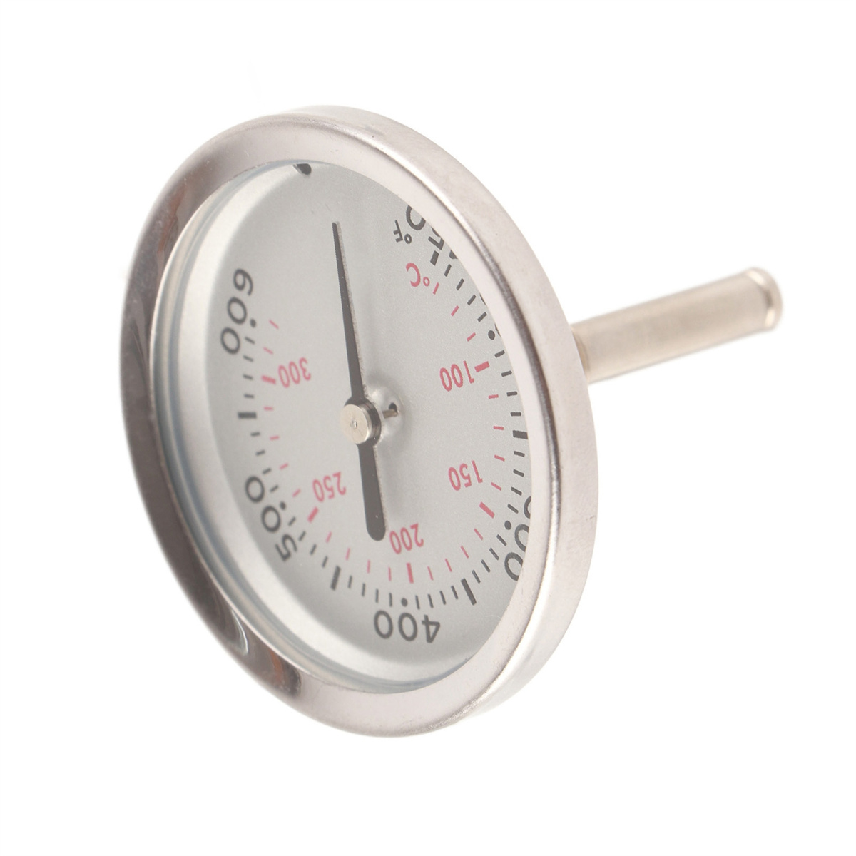 Ein kreisförmiges Thermometer mit Metallkörper, das eine Temperaturanzeige zeigt. Die Skala ist in Celsius und Fahrenheit.